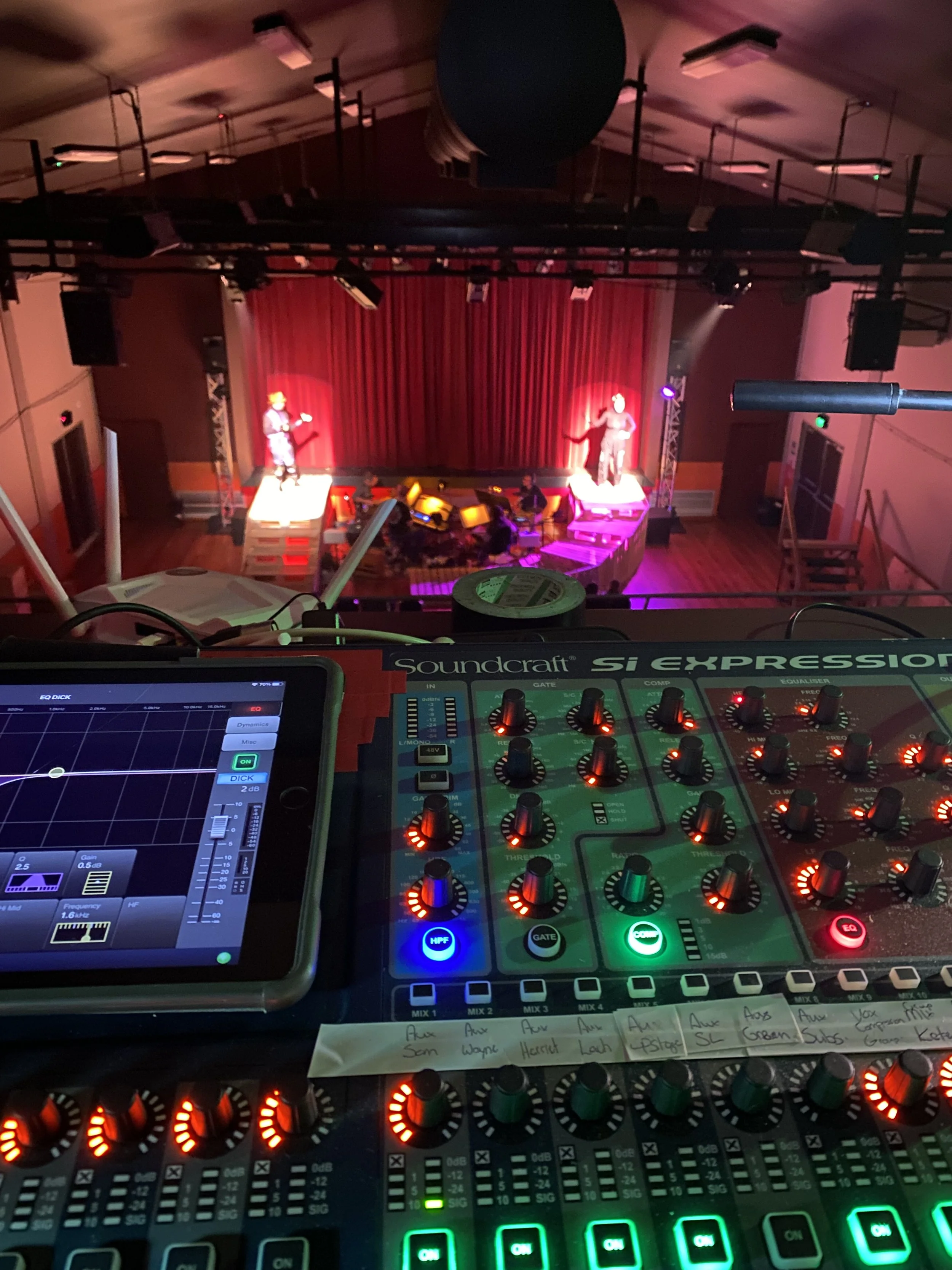 Soundcraft console running sound for "That Bloody Woman" in Methven, Headset Mics & a Live Band