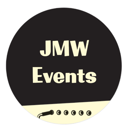 Logo with black circle containing the text 'JMW Events' in cream-colored letters and a small graphic of a microphone with sound waves at the bottom.