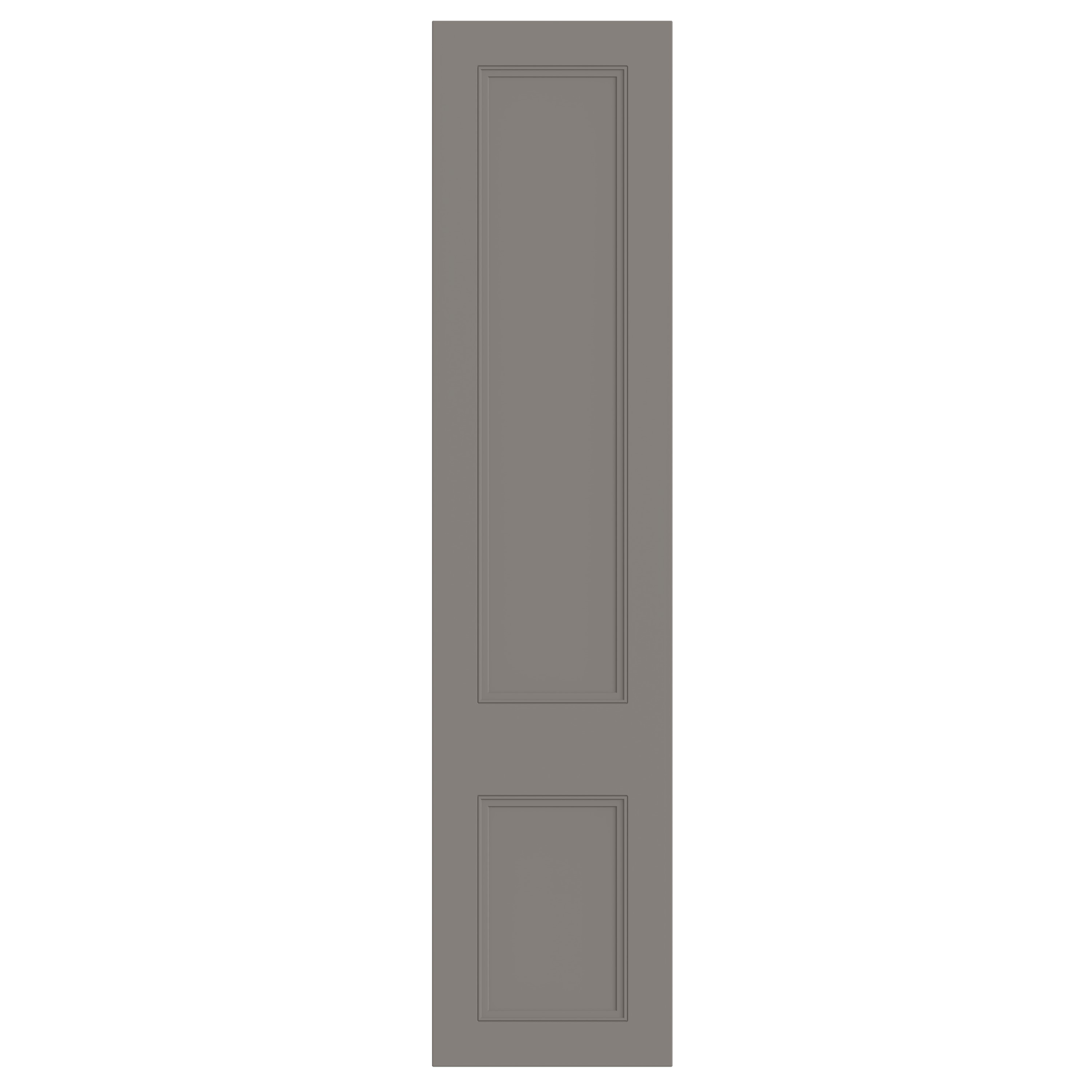 Gray door with two inset panels, one above the other.