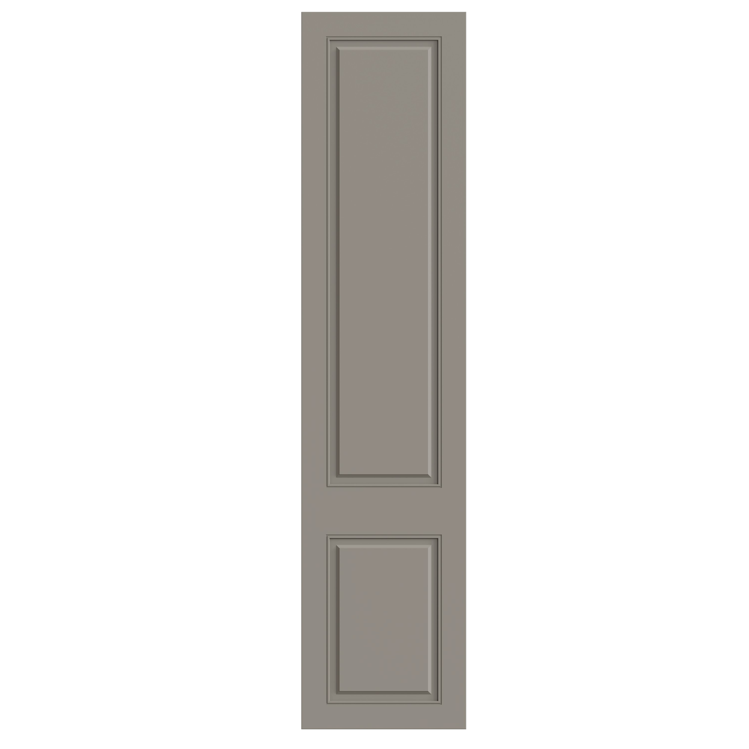A gray cabinet door with two rectangular recessed panels, one above the other, on a wall.