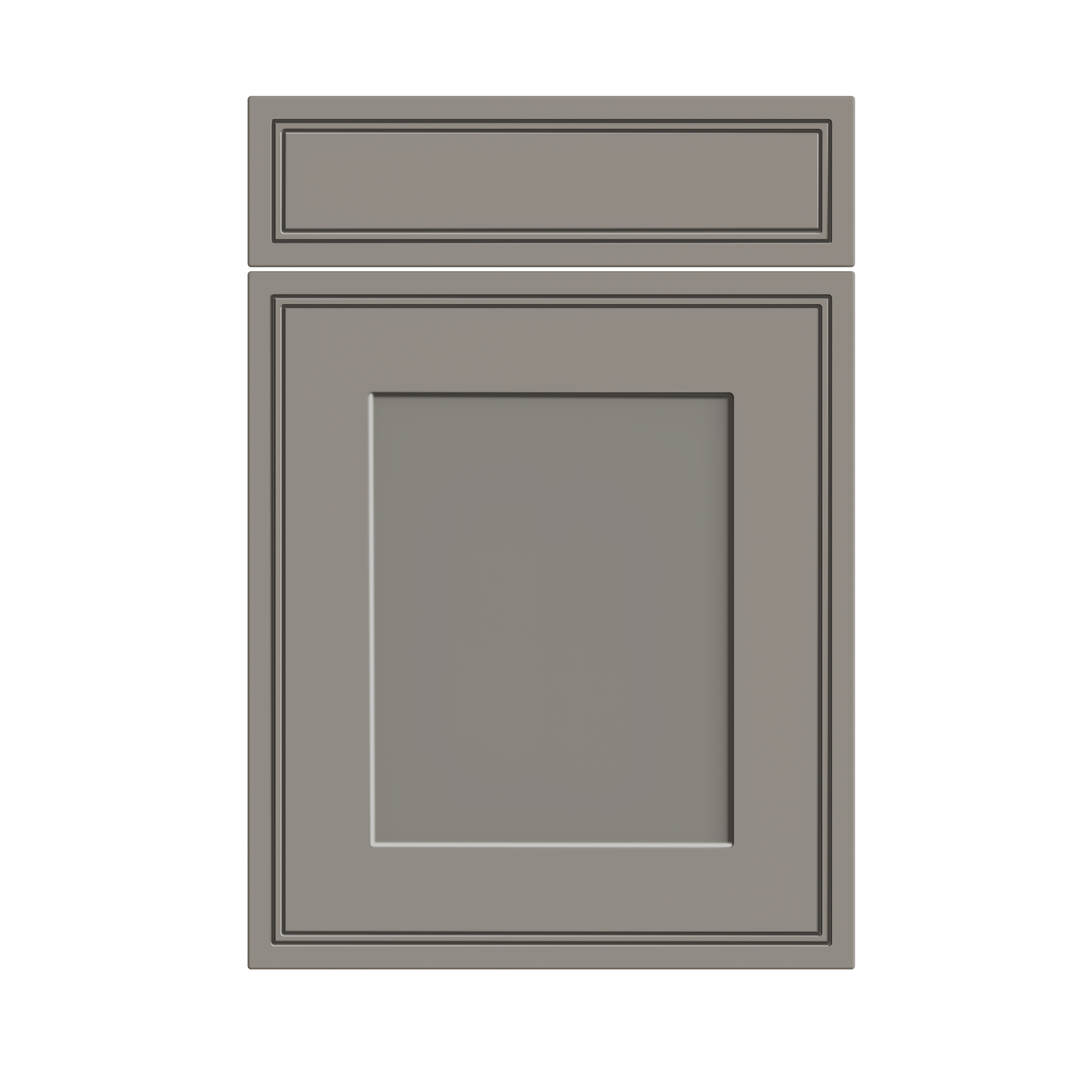 A gray electrical or utility box with a rectangular panel on top and a larger rectangular door below, featuring decorative trim around the panels.