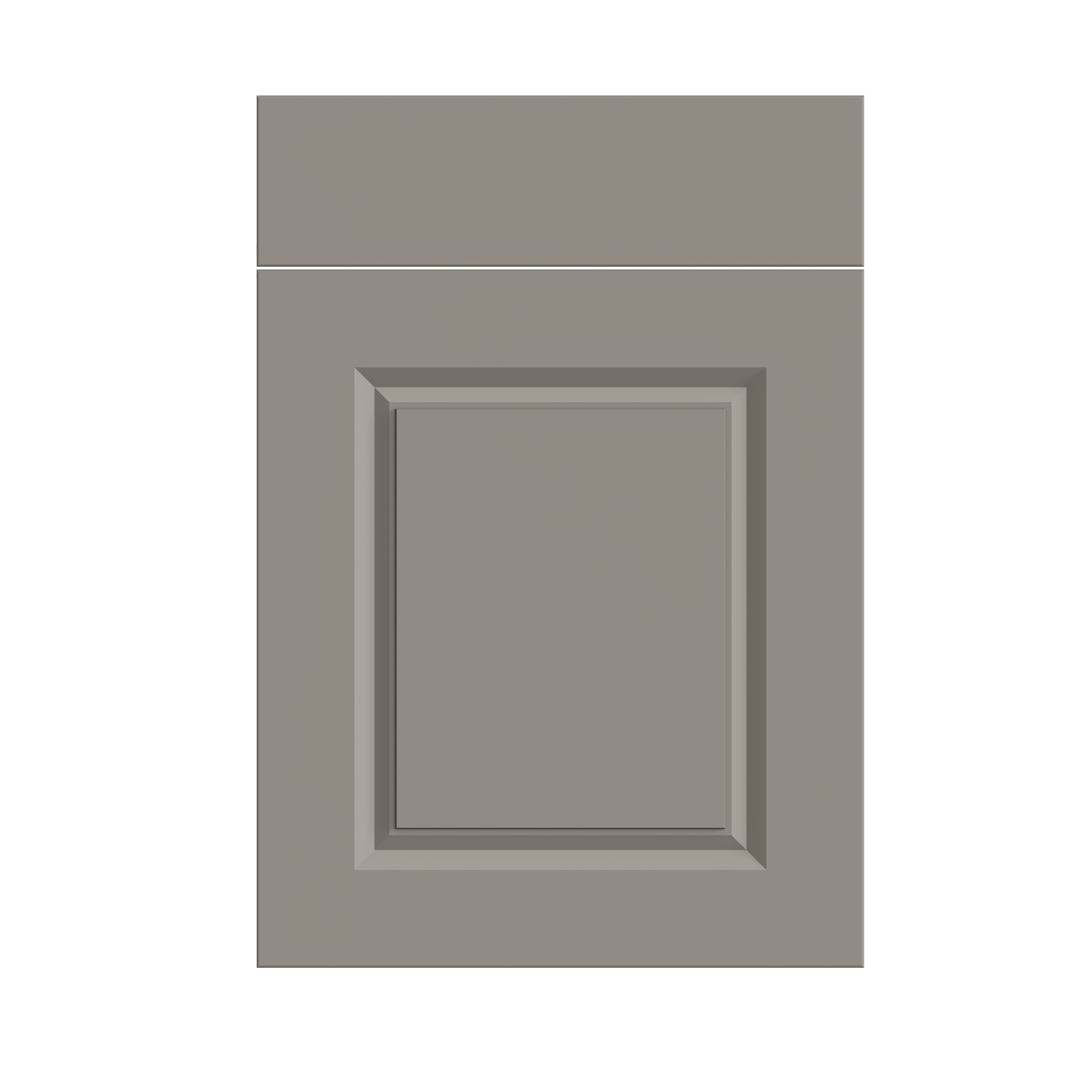 A gray inset cabinet door with a frame around it, set into a matching gray wall.