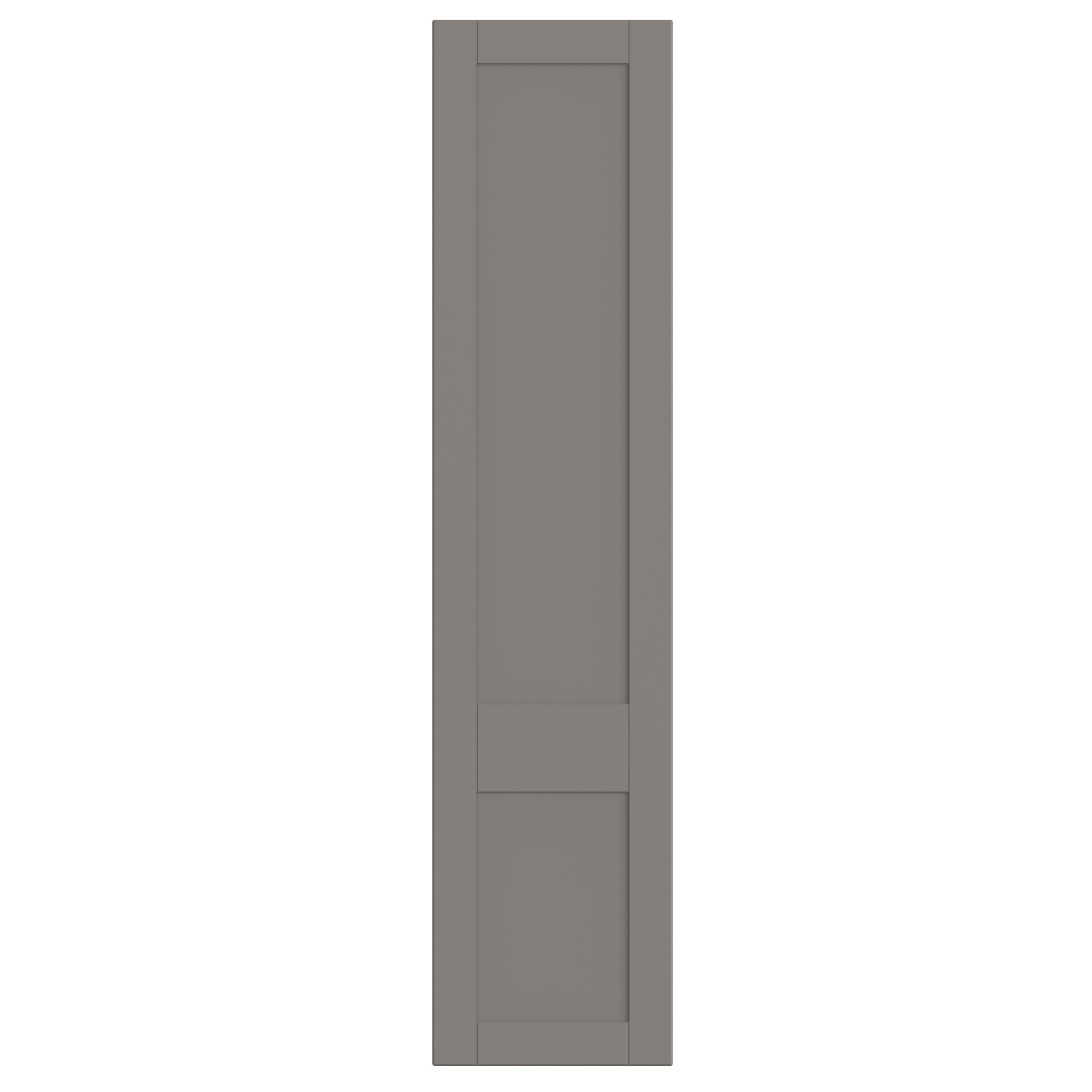 Gray tall cabinet with three sections, a large middle section, and a smaller bottom section.