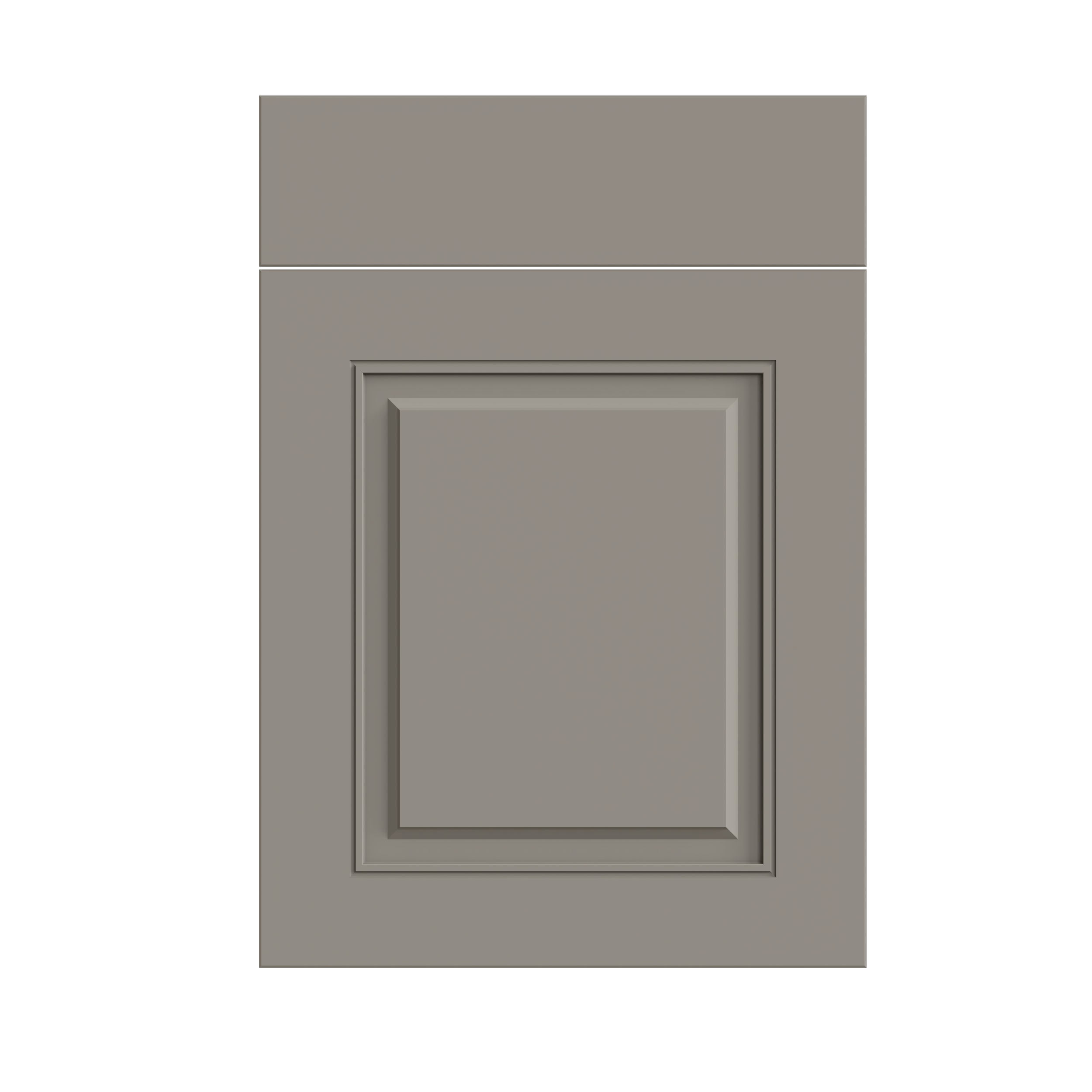 A gray cabinet door with a raised panel design.