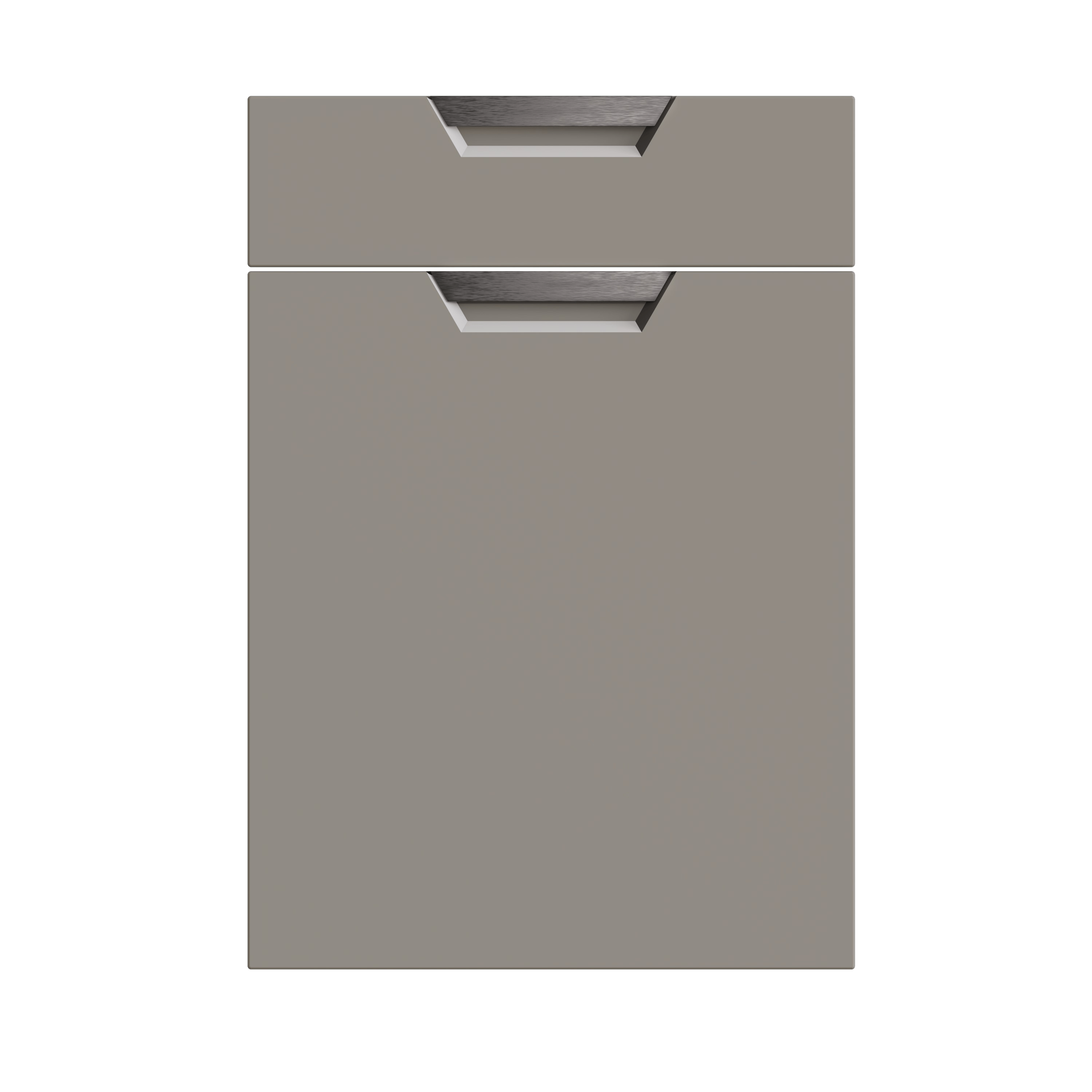 Top-down view of a gray, modern, two-drawer filing cabinet with recessed handles.