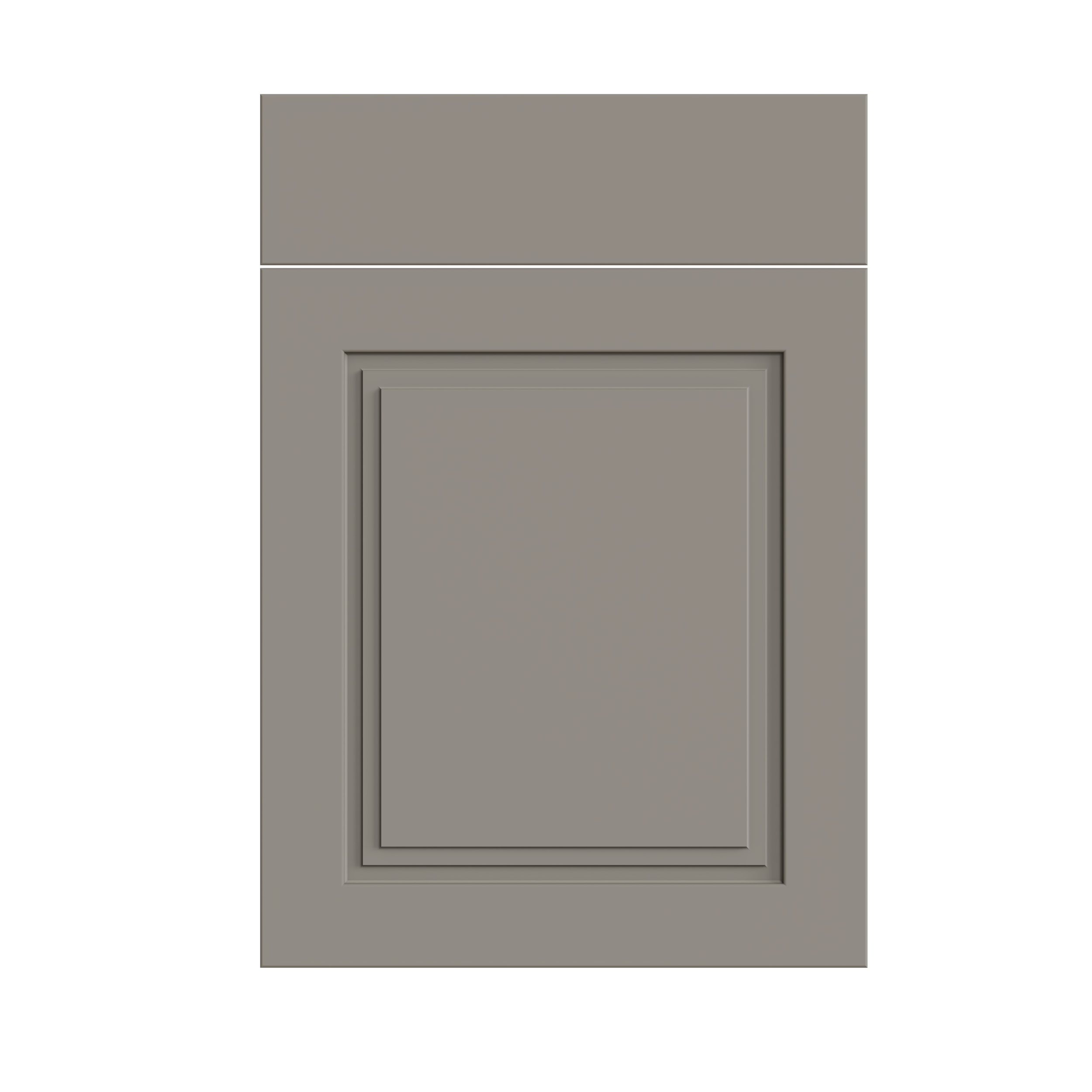 A close-up of a gray cabinet door with a recessed square panel.