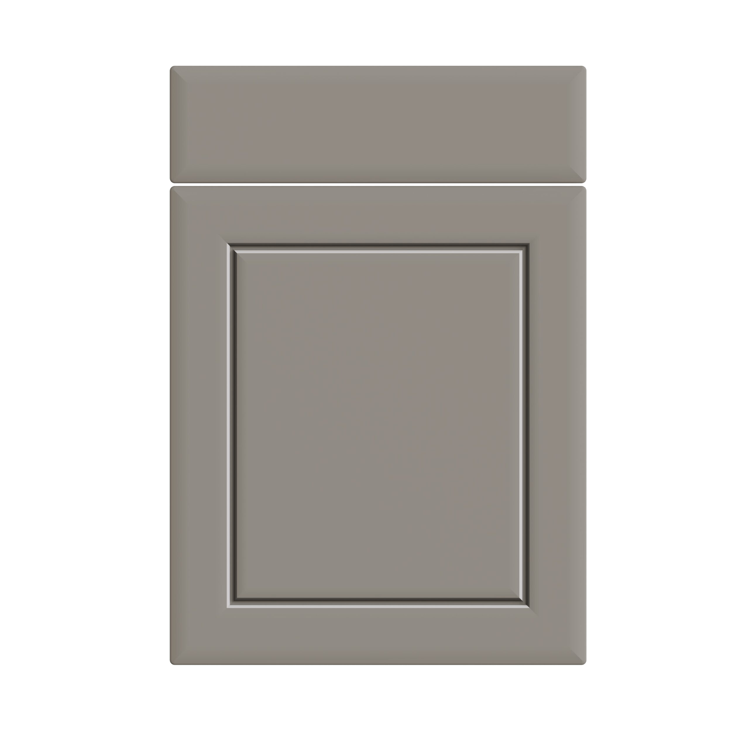 Gray kitchen cabinet with a recessed panel door and a crown molding trim at the top.