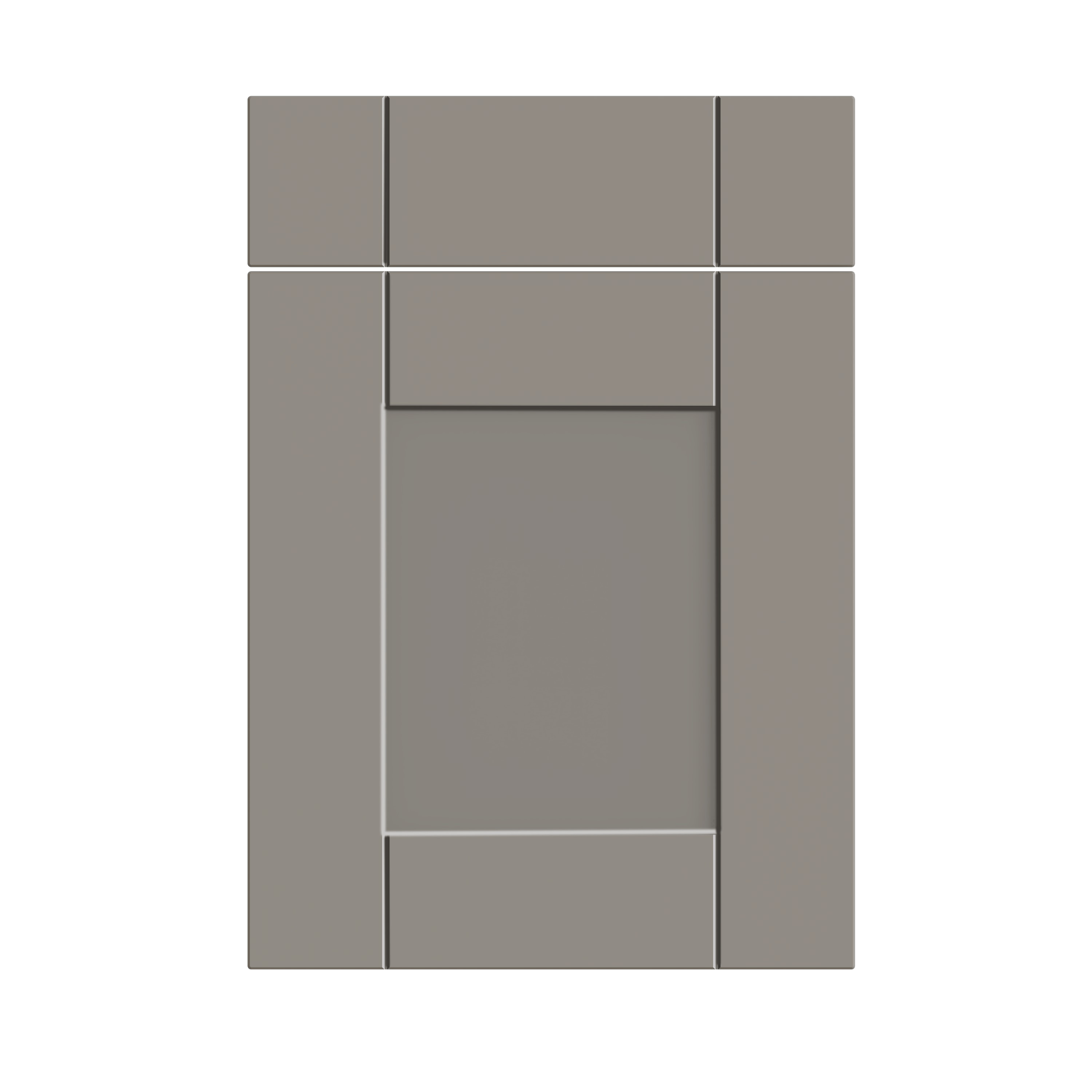 A modern, gray, multi-panel metal door with a rectangular handle.