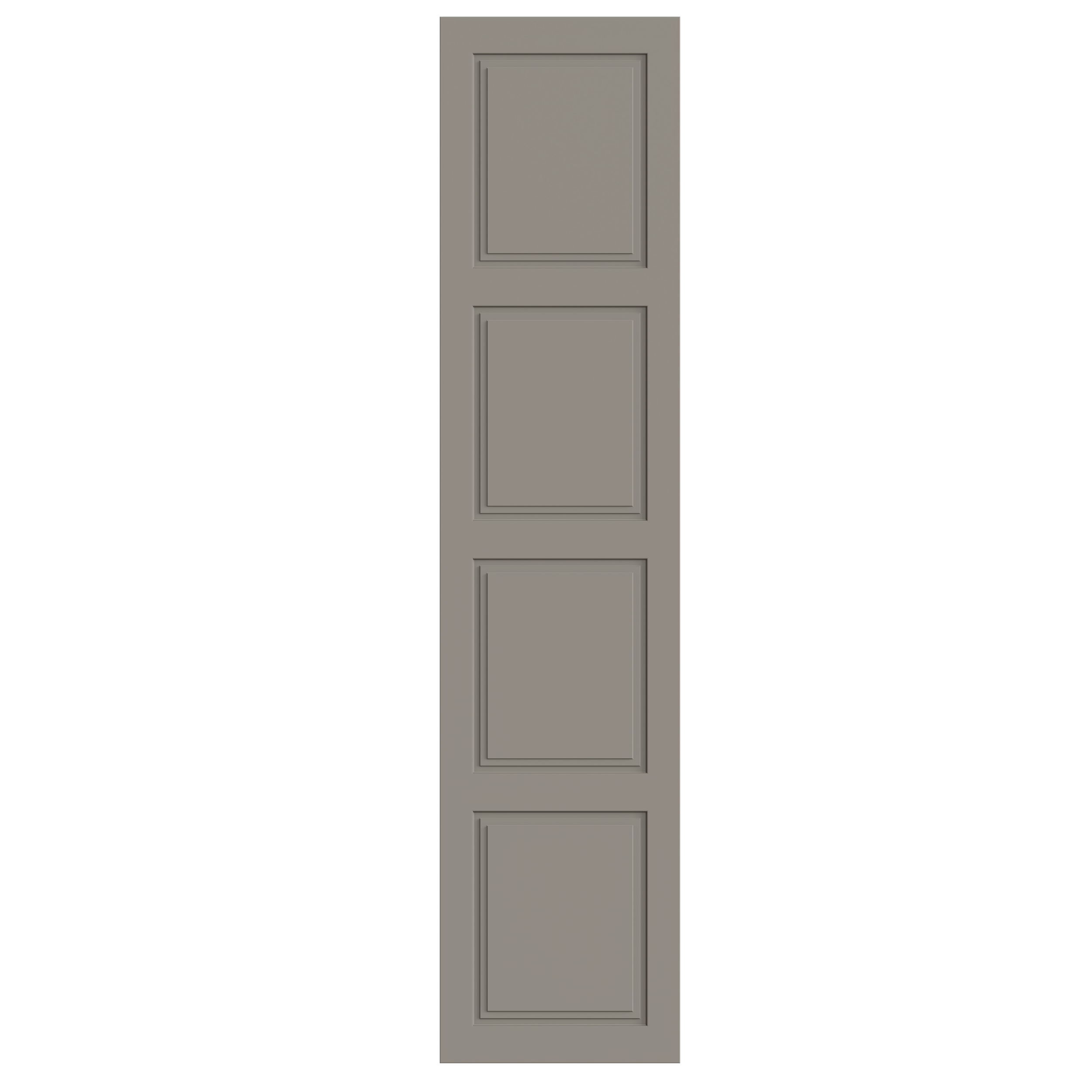 A gray wooden door with four rectangular panels, set against a wall with a green lower half and a gray upper half.