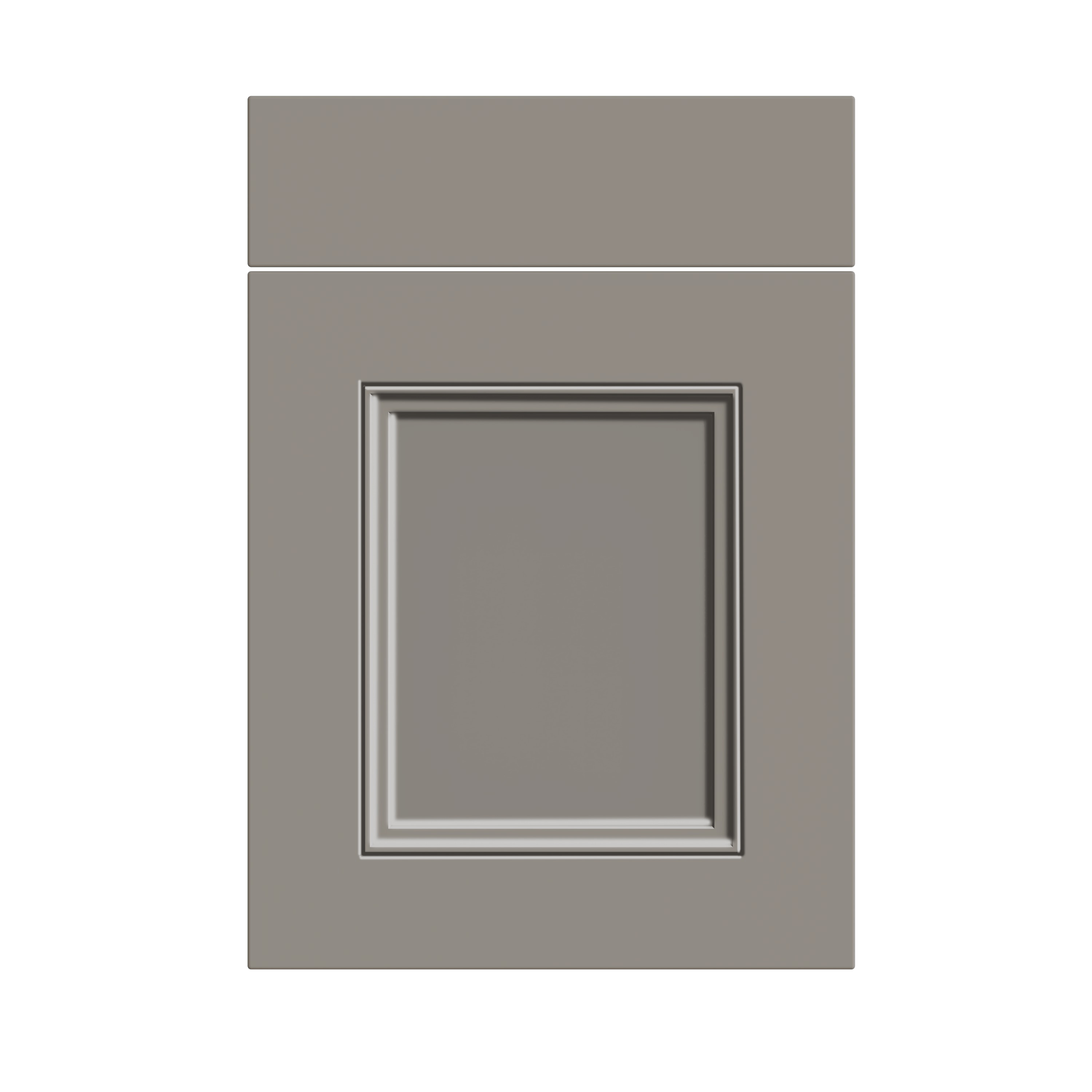 Gray kitchen cabinet with a decorative raised panel door.