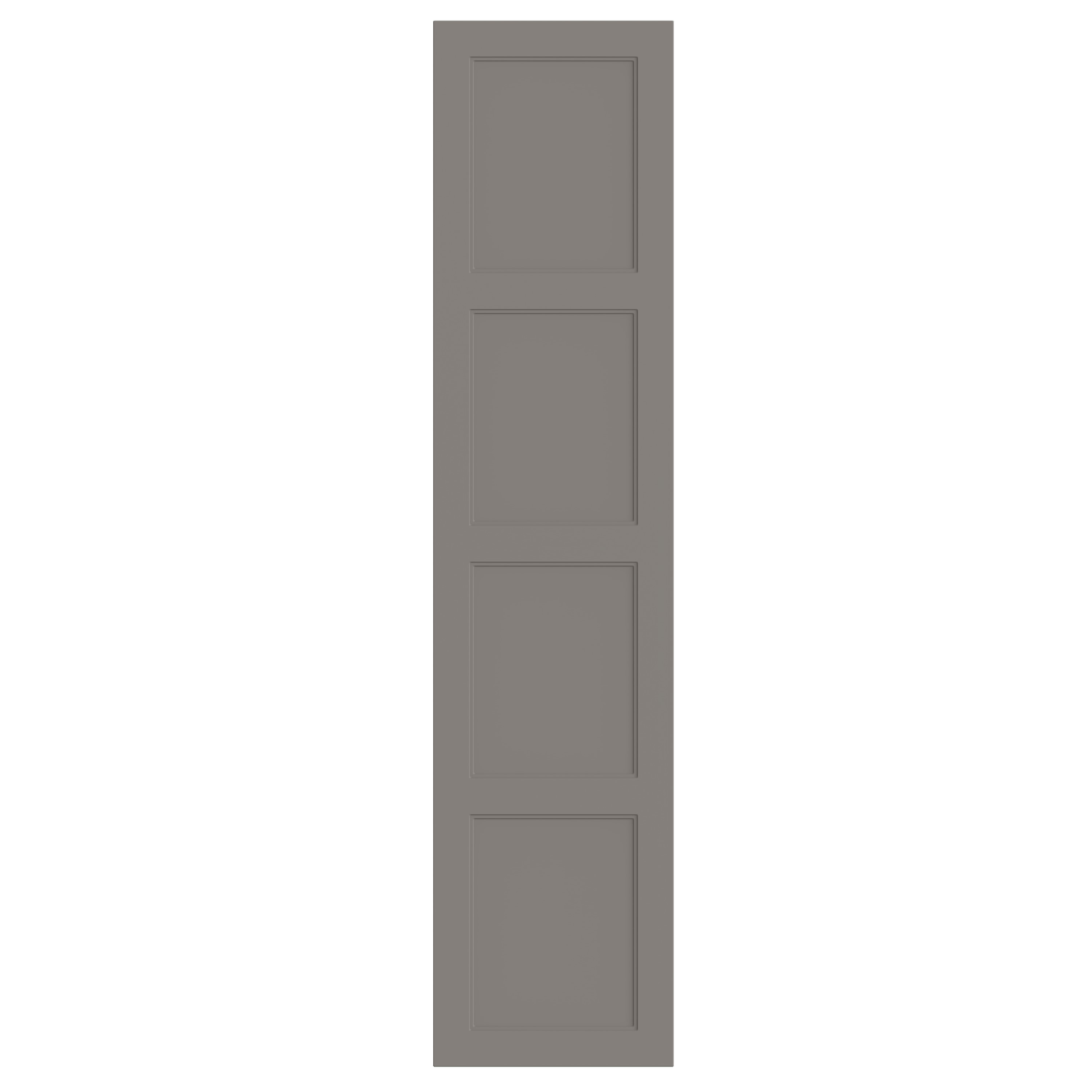 Gray, four-paneled, rectangular door with decorative trim.