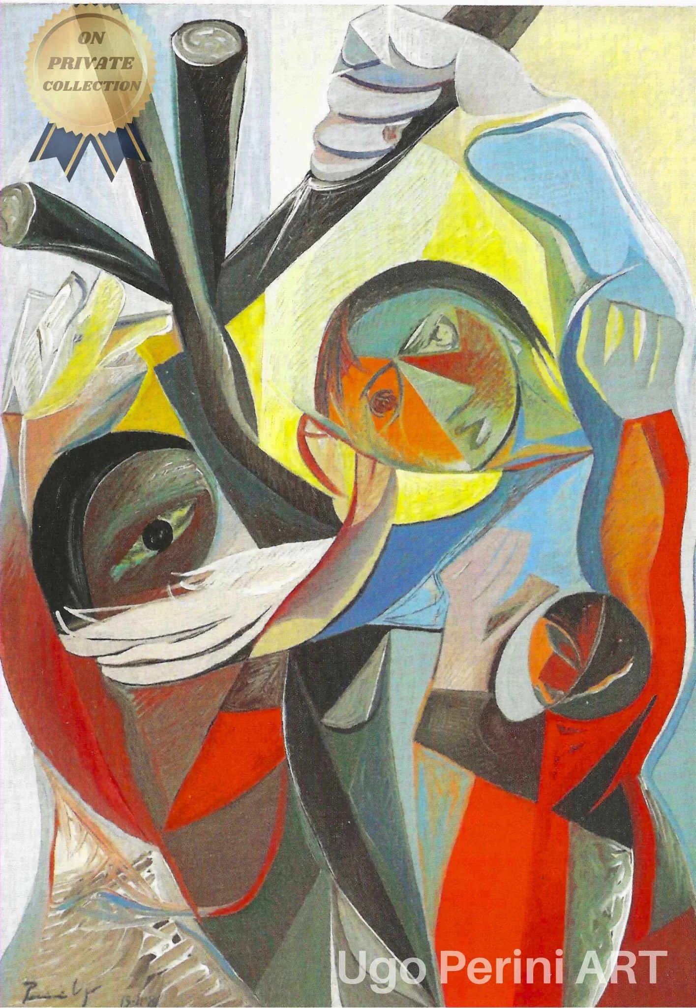 Ugo Perini's In Gioco (1981) transforms childhood play into a profound metaphor.  It combines vibrant colors and cubist forms to explore harmony amidst chaos.