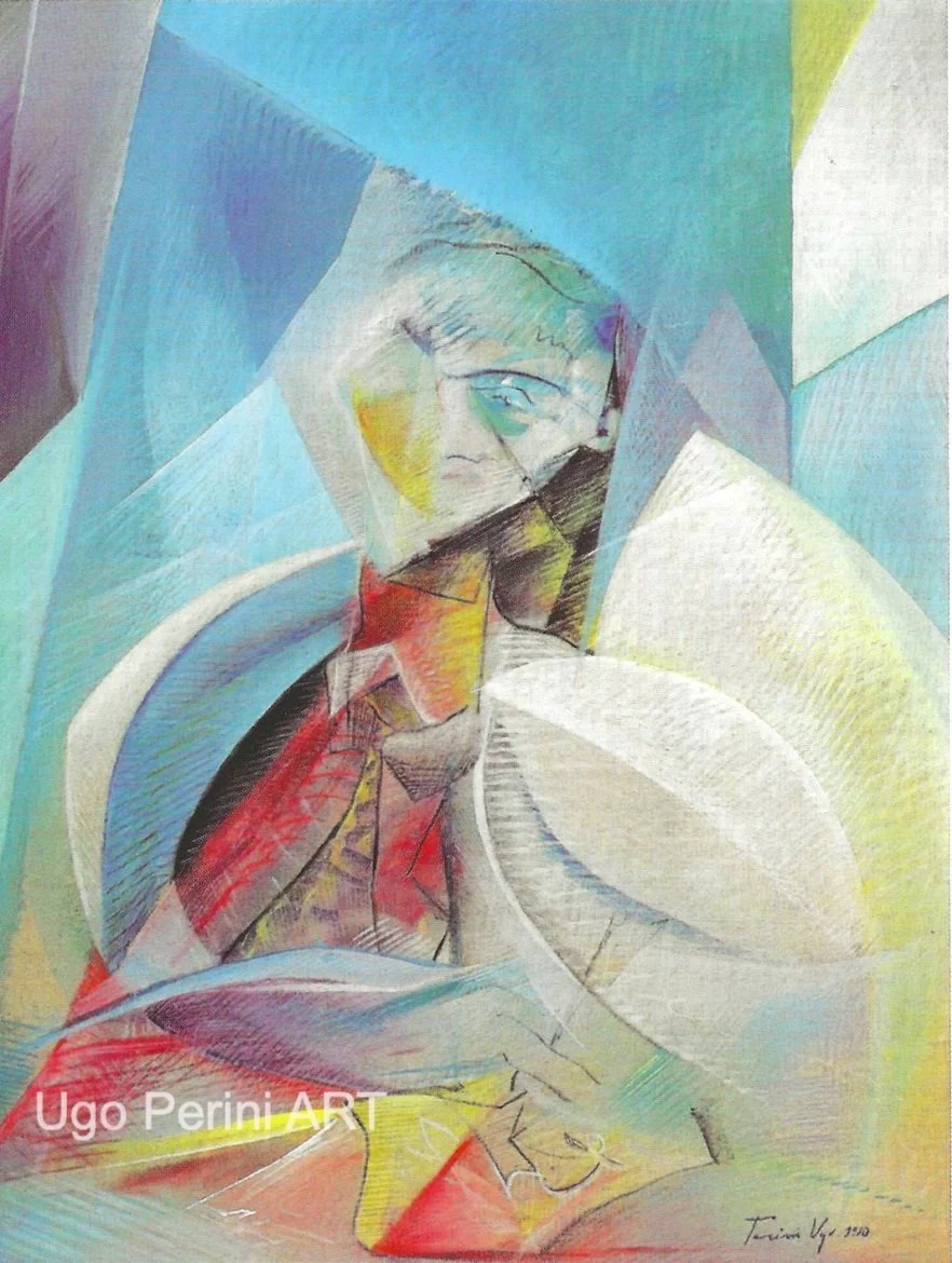 Ugo Perini's Il Giovane Poeta (1990) captures the creative spirit of introspection through angular abstraction, radiant hues, and an evocative portrayal of poetic contemplation.