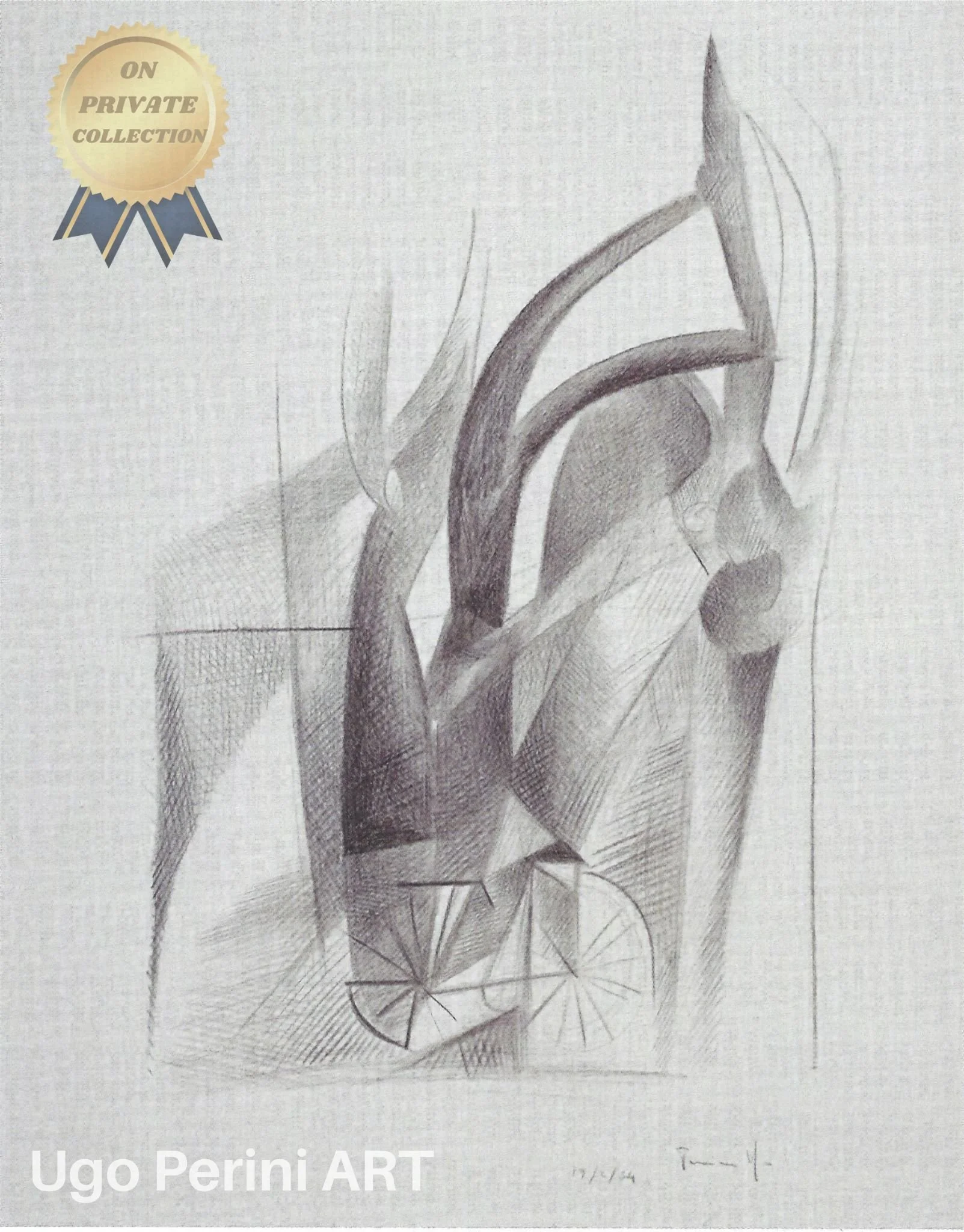 Ugo Perini's Alberi con Bicicletta (1984) combines delicate pencil strokes and geometric abstraction to explore the harmony between natural and human-made forms.