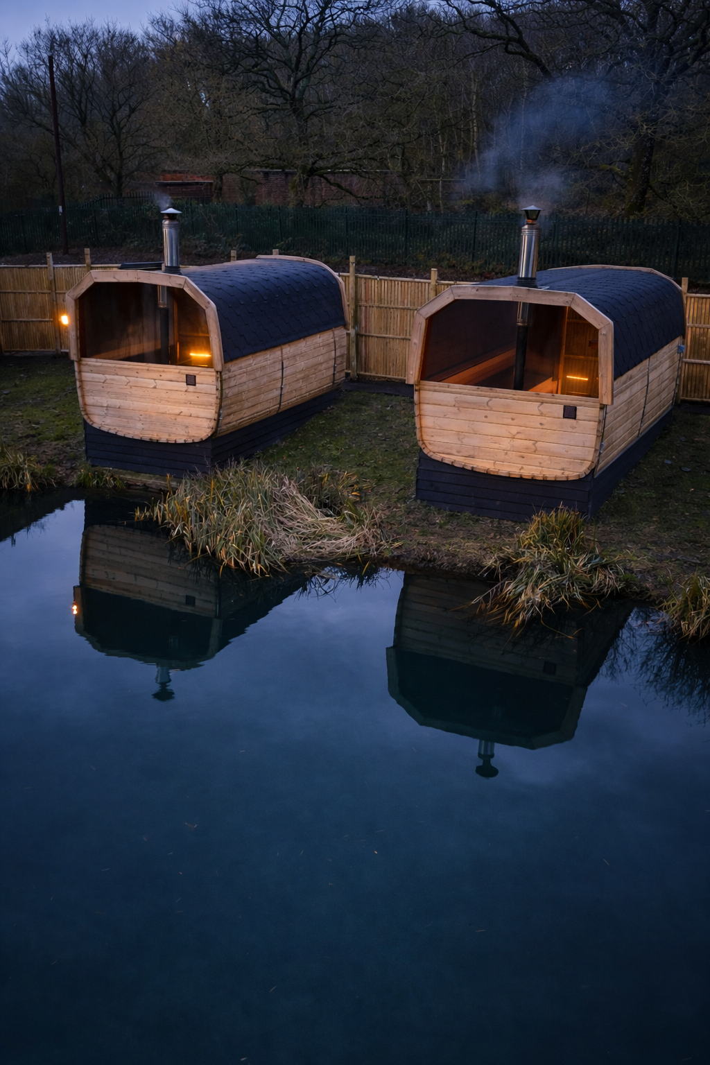 Exterior view of the lakeside saunas