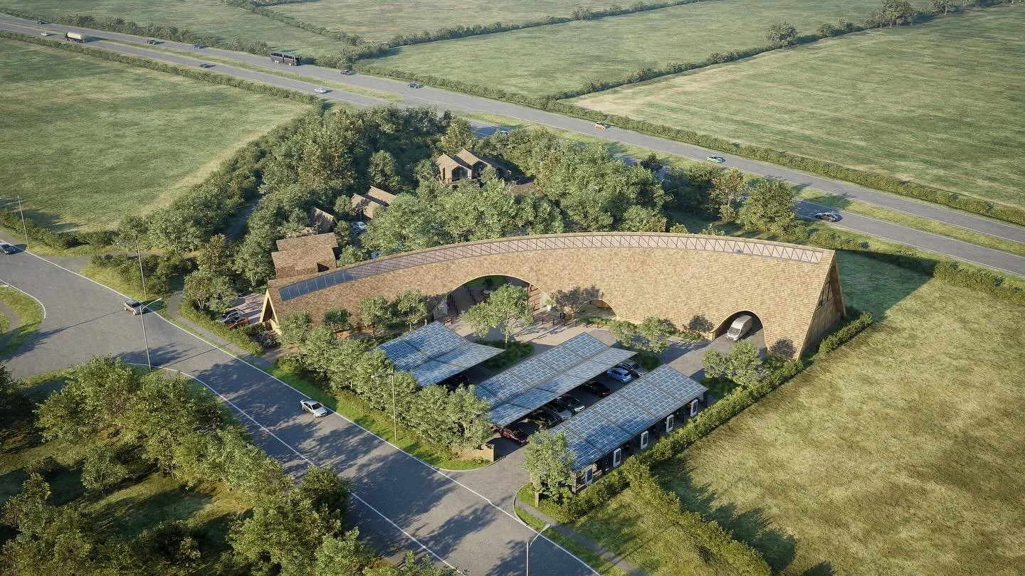 New gateway Leisure Project in Stannington, Northumberland just off the A1 is granted full Planning Approval.  The main building sweeps from high to low and also forms a gateway through to overnight cabins in the wooded site beyond.