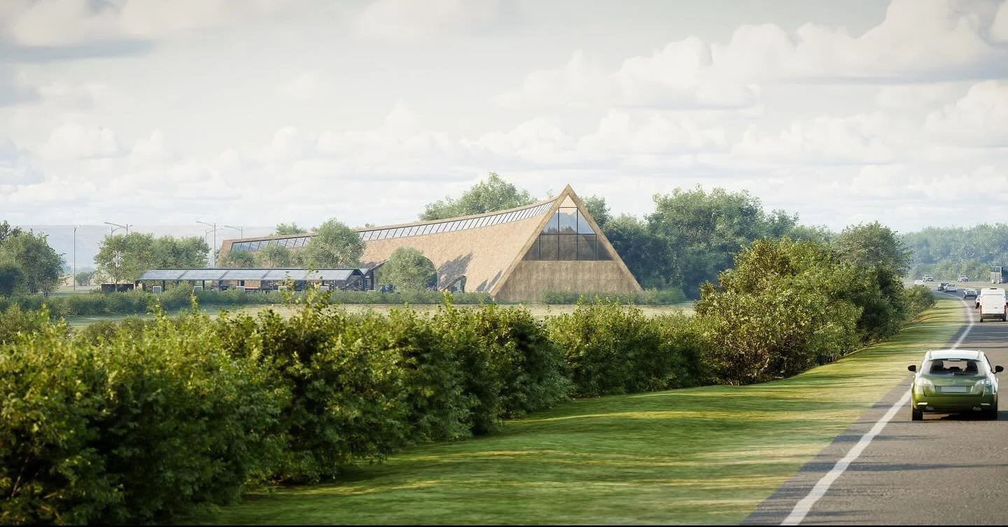 The main building will be visible from the A1 to attract visitors.  It will house a farm shop selling local produce and a farm cafe specialising in great quality home cooking also using local produce. Meeting rooms / exhibition spaces are on a mezzan