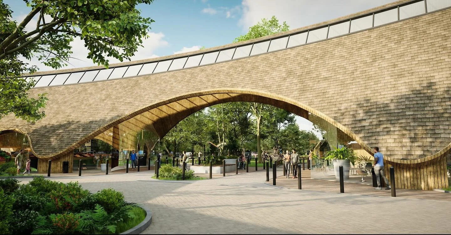 Stannington, Northumberland. New overnight cabins in amongst the heavily wooded southern part of the site will boost Northumberland’s tourist economy. Greened acoustic barriers will protect cabins from the A1’s noise.