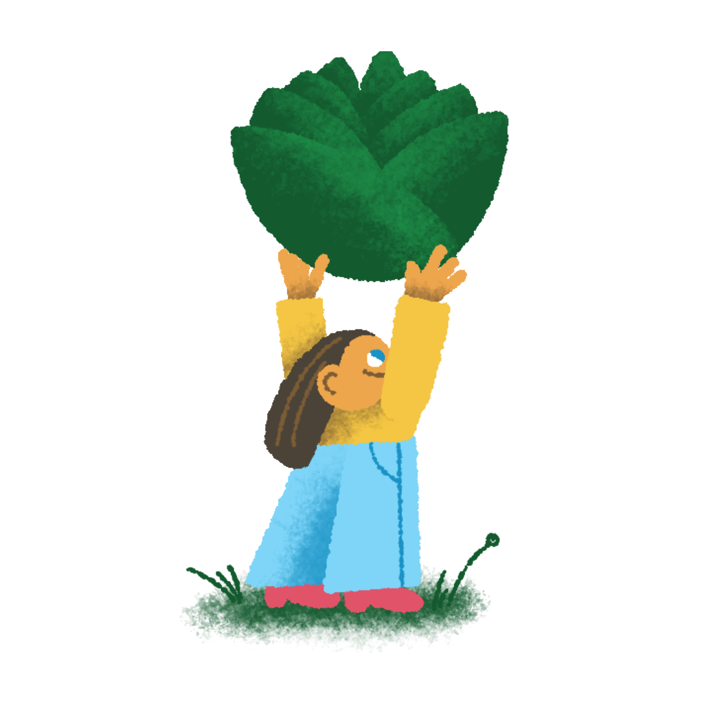 Mand met verschillende groenten en fruit, inclusief tomaten, een komkommer, watermeloen, artisjok en uien, ligt op het gras.