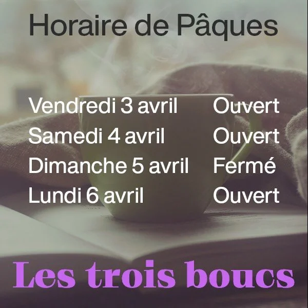 Pour le week-end de P&acirc;ques, nous serons ouverts tous les jours except&eacute; le dimanche 5 avril. On vous souhaite de passer de beaux moments avec vos proches. 🩷🩷🩷☕️🍫📚#cafe #coffee #livresdoccasion #seconhandbooks #lestroisboucs