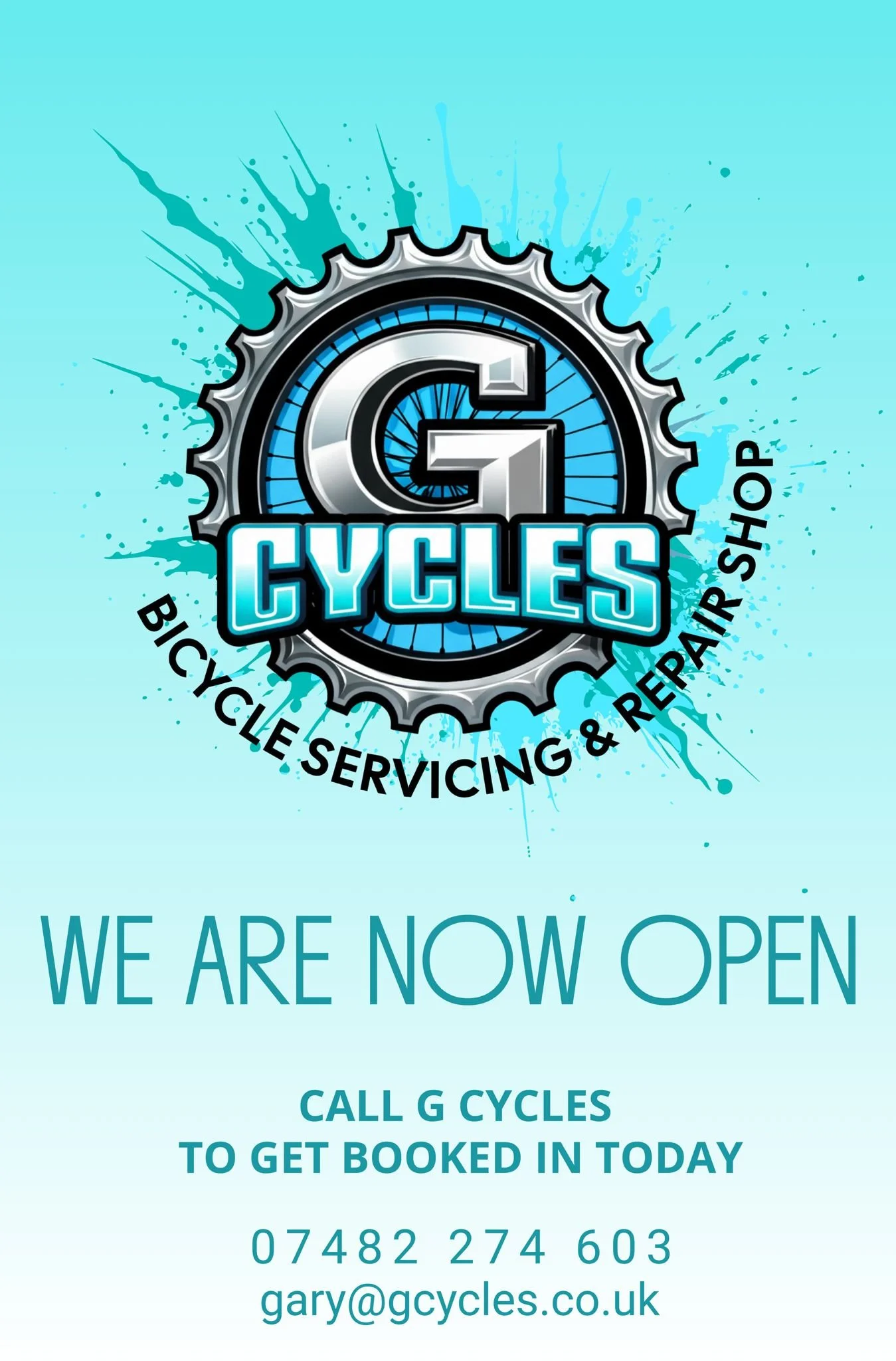 Business card for G Cycles, a bicycle repair and servicing shop. The card features a blue background with paint splashes, a gear logo with a bicycle sprocket, and text indicating the shop's services, contact information, and a notice that they are now open.