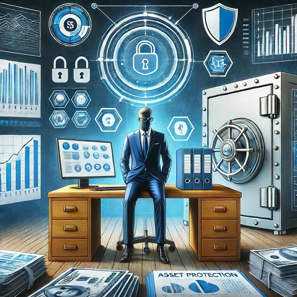 A businessman in a suit and sunglasses sitting on a desk surrounded by financial charts, graphs, a large vault, and digital security icons, symbolizing cybersecurity and financial protection.