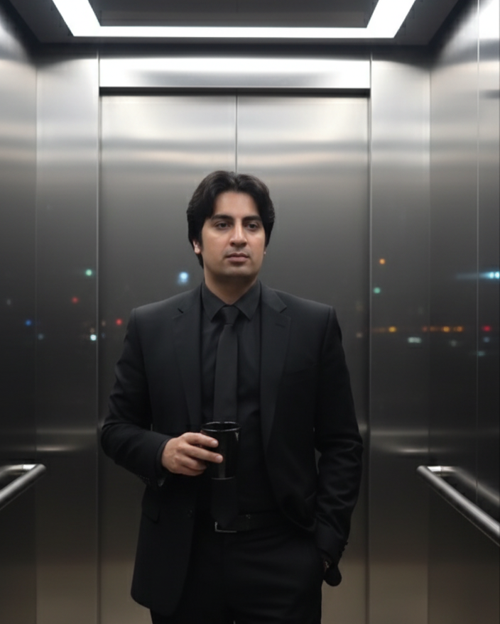 A man in a black suit holding a cup standing inside an elevator with metallic walls and a dark ceiling.
