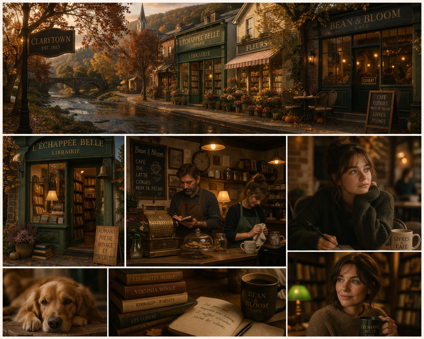 Un village pittoresque avec des boutiques, une librairie, un café et des clients à l'intérieur, vécu lors d'une soirée d'automne. Des paysages naturels, des livres, des boissons chaudes et un chien allongé complètent la scène chaleureuse.