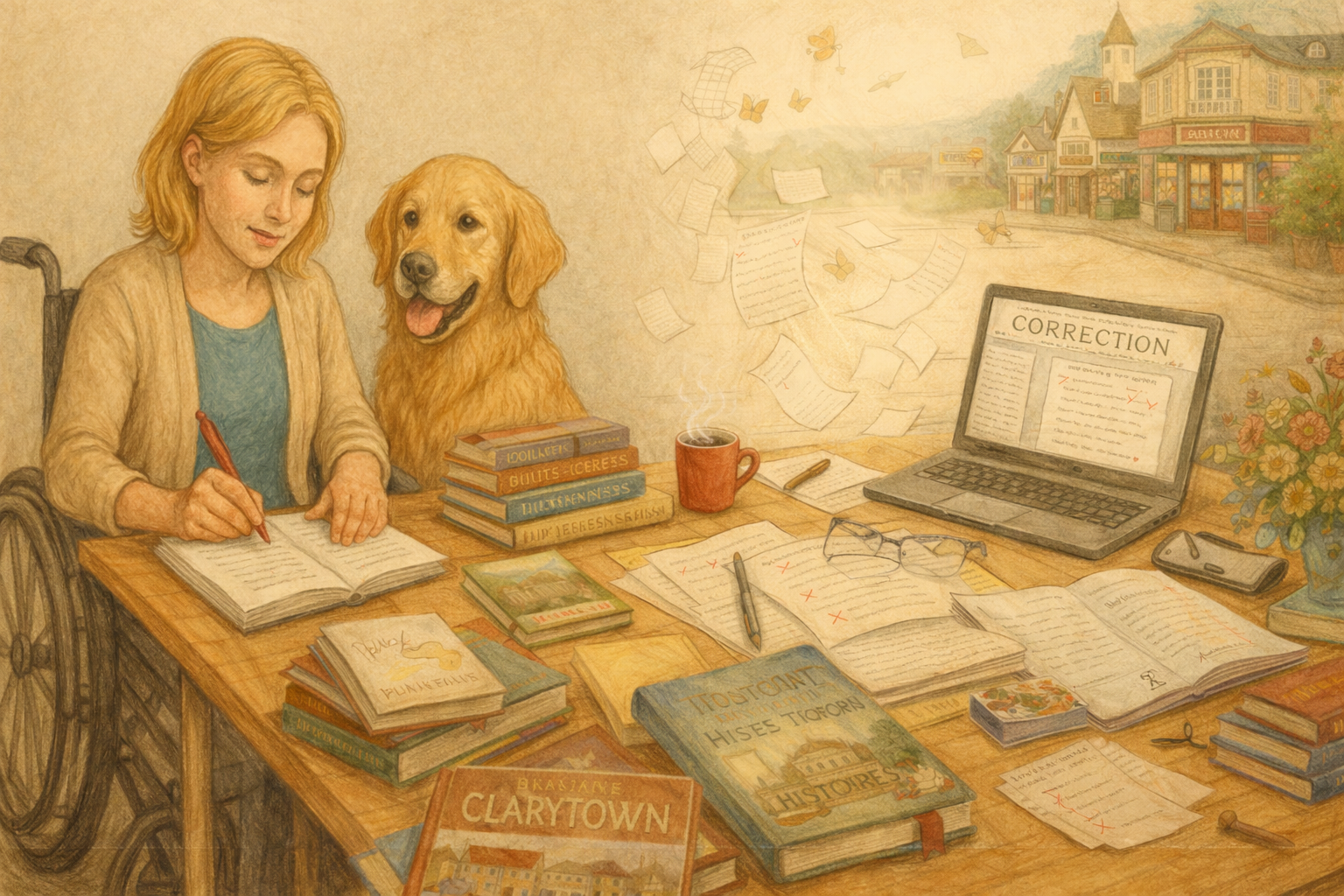 Une femme en fauteuil roulant écrit dans un cahier à côté d'un chien golden retriever, et une table remplie de livres, papiers, lunettes, une tasse de café, un téléphone, et un ordinateur avec un document de correction affiché. La scène se déroule sur un fond de petite ville.
