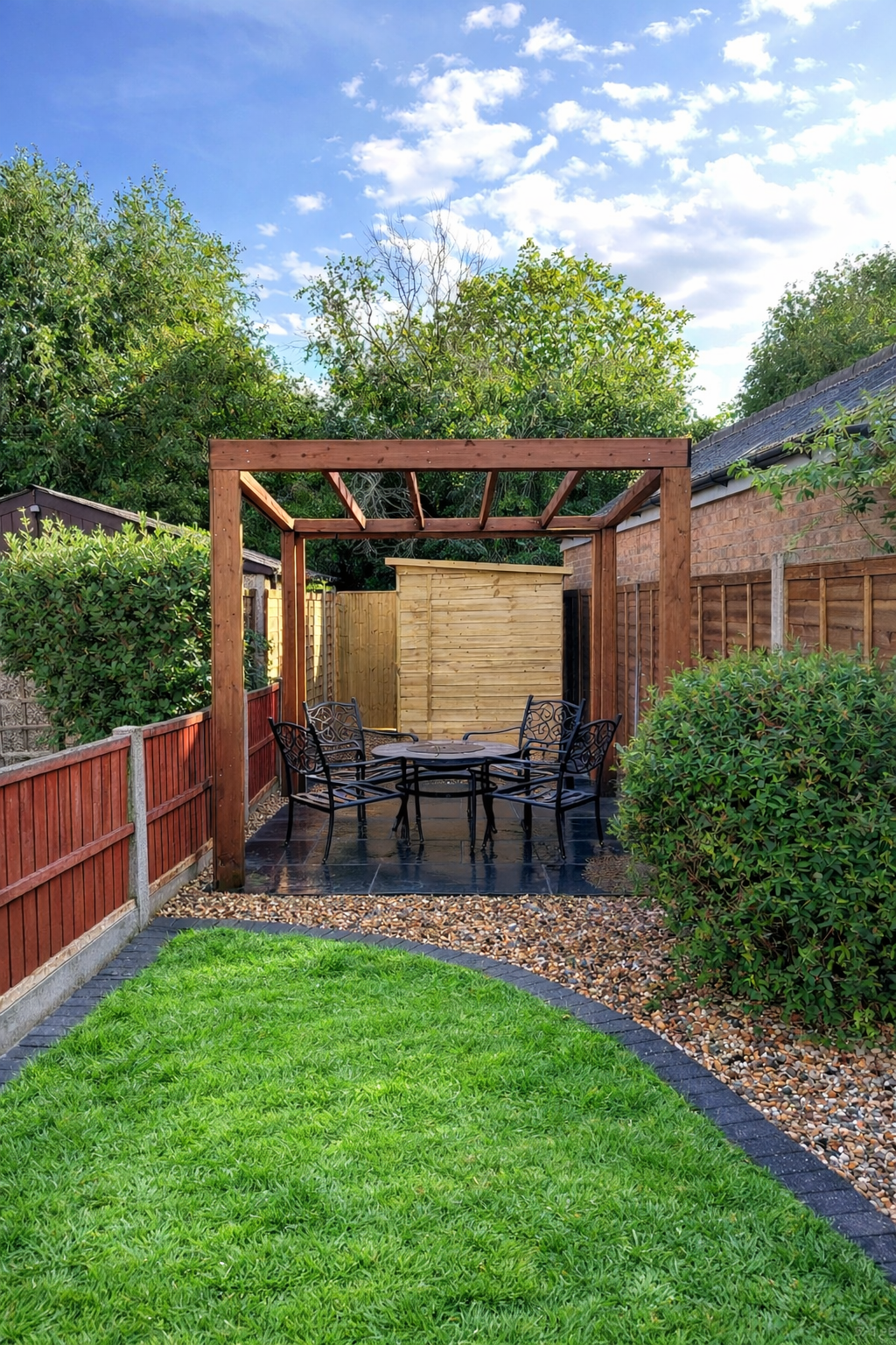 Black limestone patio with timber pergola, garden fencing and shed installation in Camden, North London