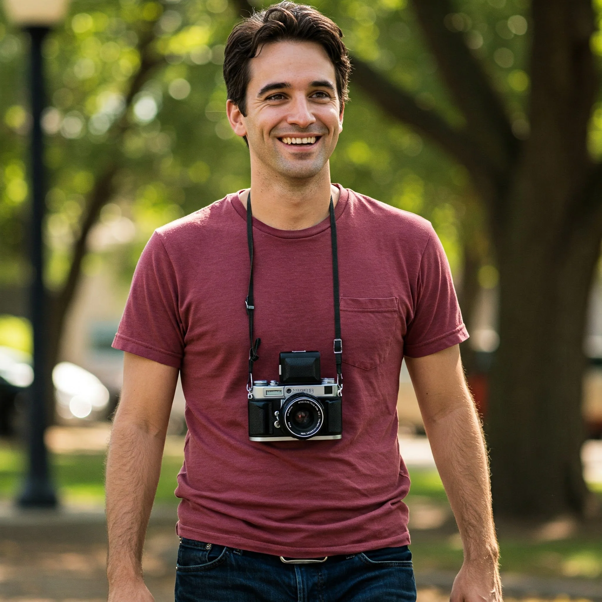 Smiling man wearing a red t-shirt with a camera around his neck, standing outdoors with trees in the background.