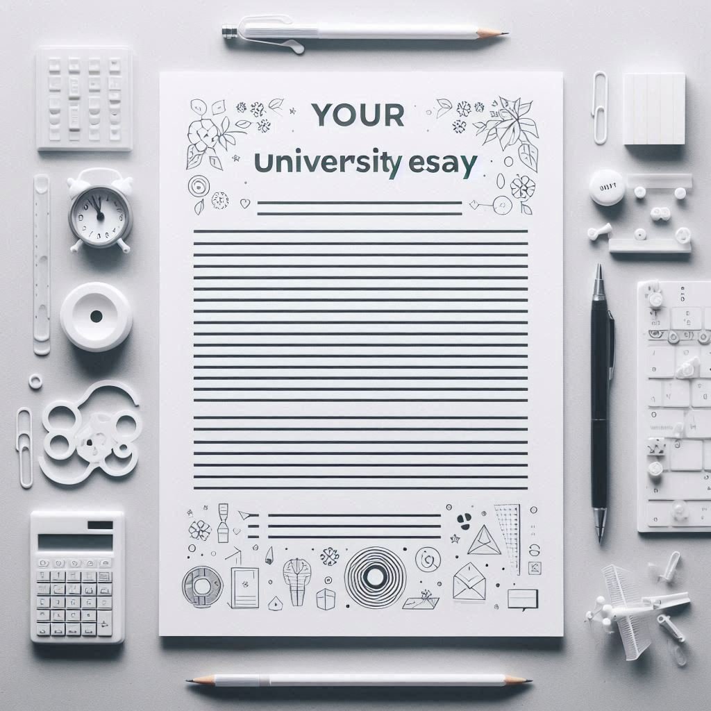 A sheet of paper with lines and the title Your University Essay on top, with a white background and no objects.png