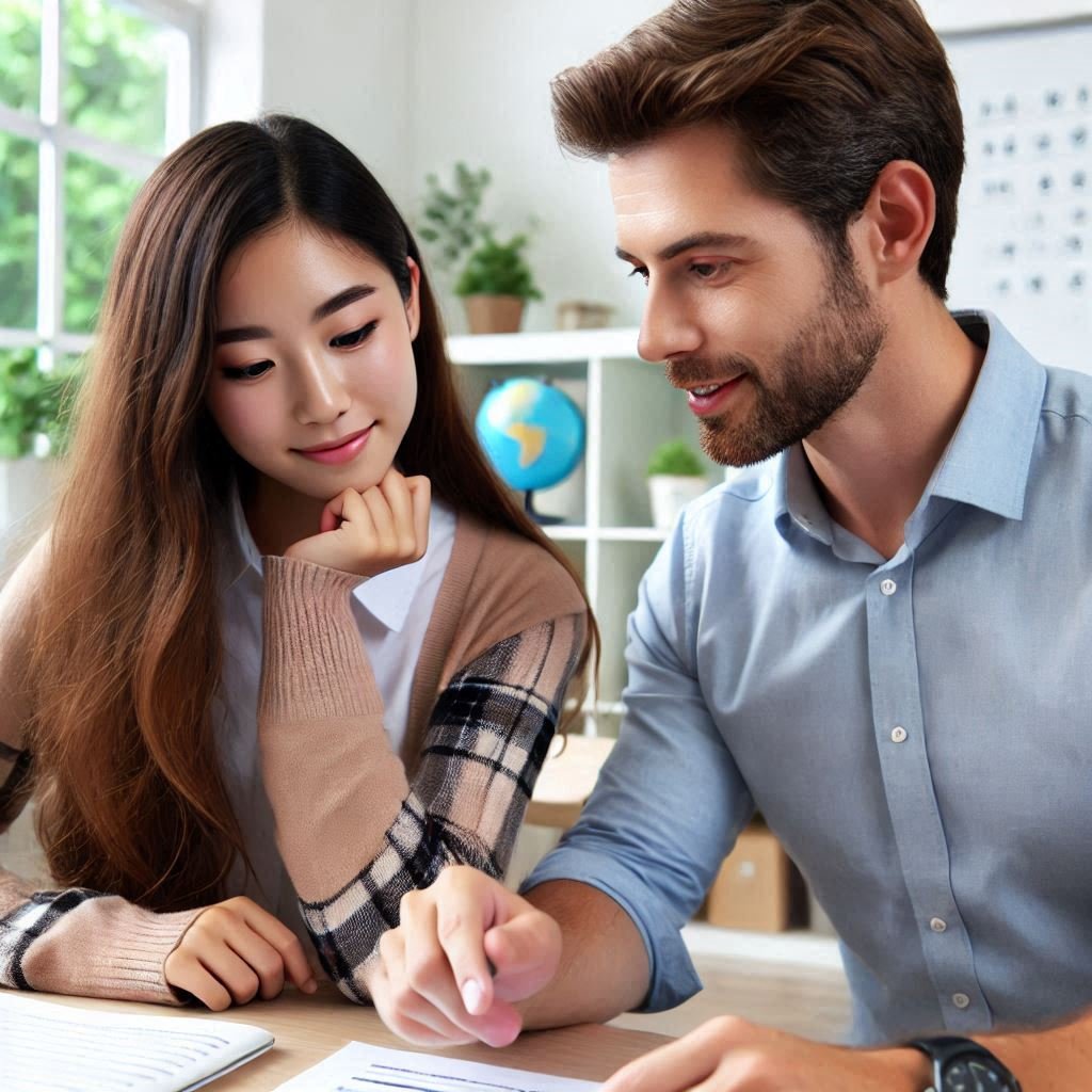 a photo of two people, one a teacher and the other a student, in a classroom where the teacher provides one-on-one classes, sitting near each other with the teacher explaining something.png