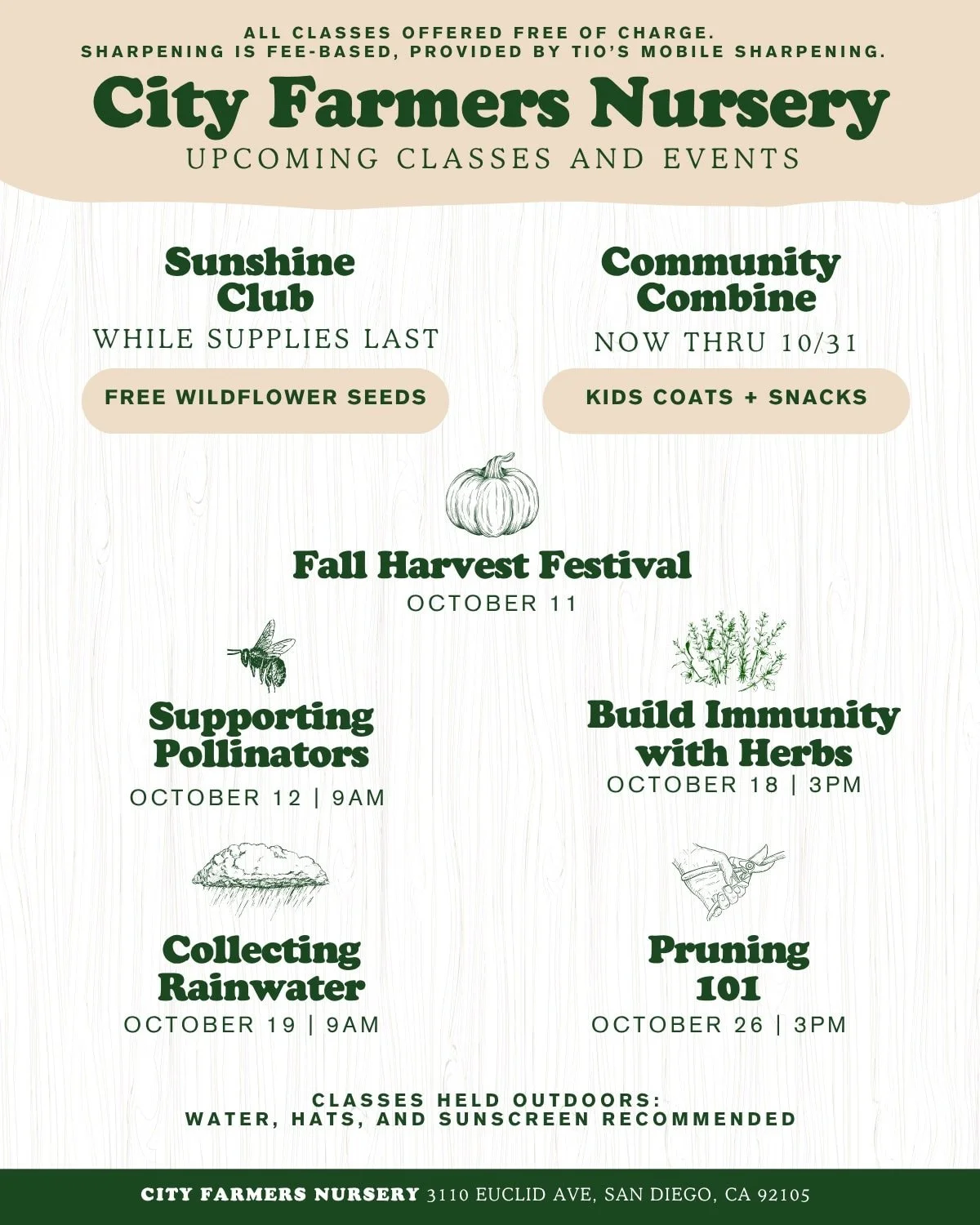 🦋 Today is Fall Festival day!

✨ Free nearby office parking 9a-5p at 3115 Altadena Ave (New Creation Church). A block away, or take our free shuttle running all day.

🚙 If you pick out plants or pumpkins, feel free to drive your car through our loa
