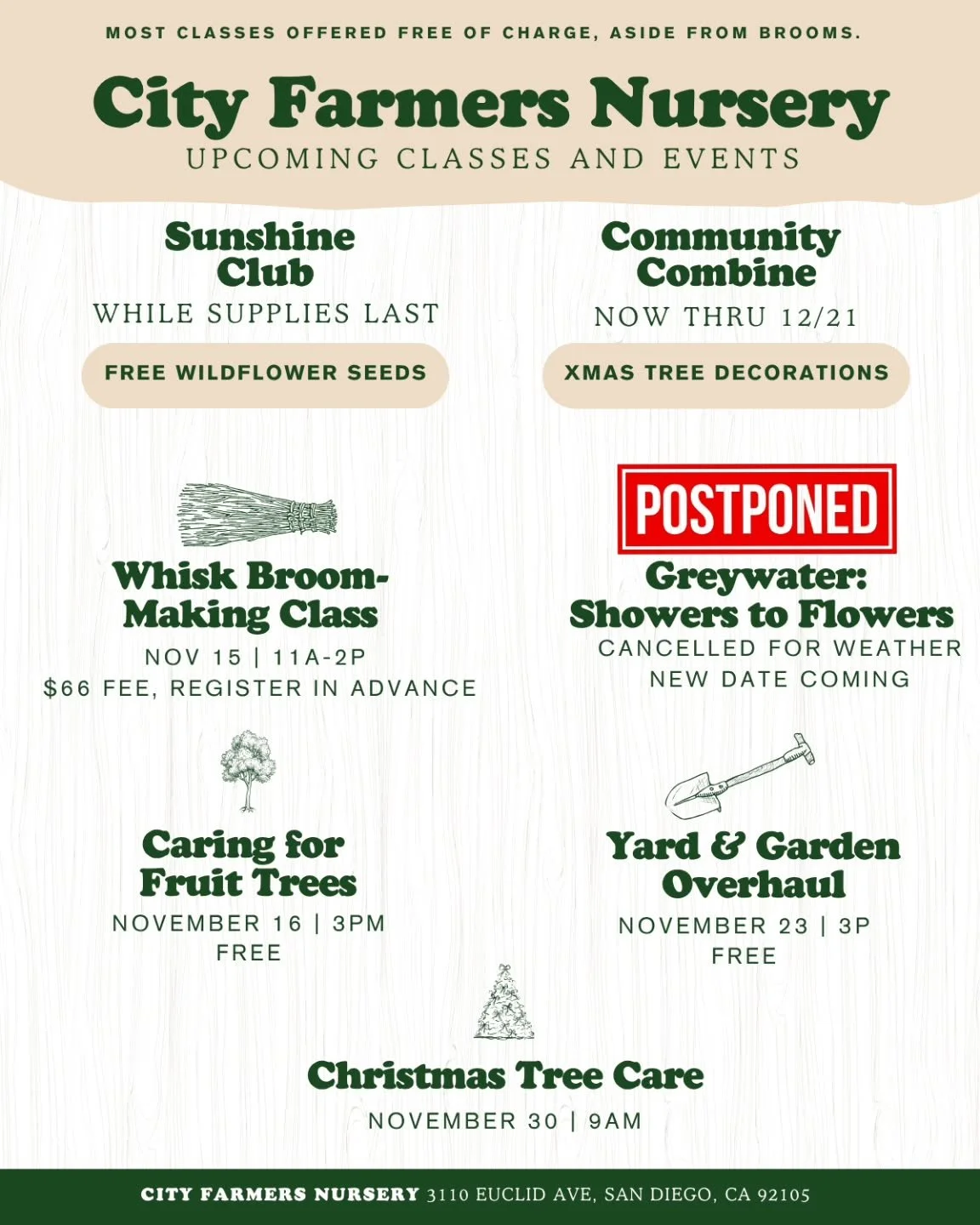 We have a note from our greywater instructor that it's not safe for them to travel due to road conditions. 

New date coming soon!

Thank you for your understanding.

We'll update Saturday night about Sunday's fruit tree class.

Stay safe and get rea