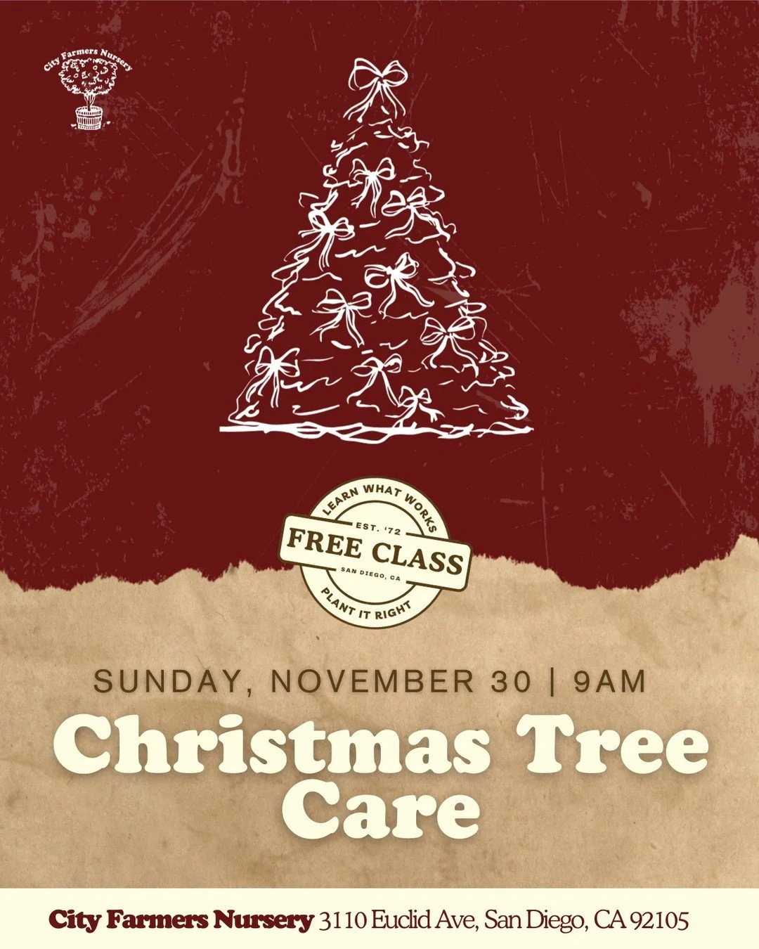 Want your Christmas tree to actually make it to Christmas without turning into a fire hazard? We got you! Join our free Christmas Tree Care workshop! 🎄

Real trees are magical - the smell, the nostalgia, the whole vibe. But they do need a little TLC