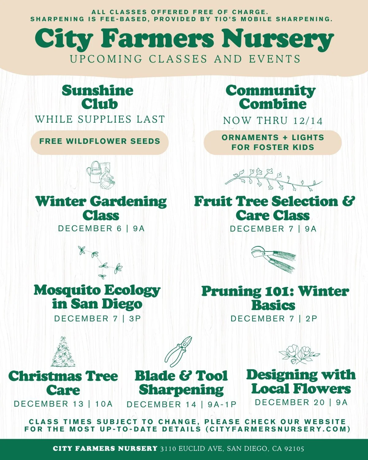 📅 Our December Schedule is Here! 🌲

This weekend:
❄️🌱Gardening 101: Winter Edition 
Saturday @ 9a, come hang out with Sam as we talk all things vibrant winter gardening

🍏🍑 Selecting &amp; Caring for Fruit Trees 
Sunday @ 9a, an encore from our 