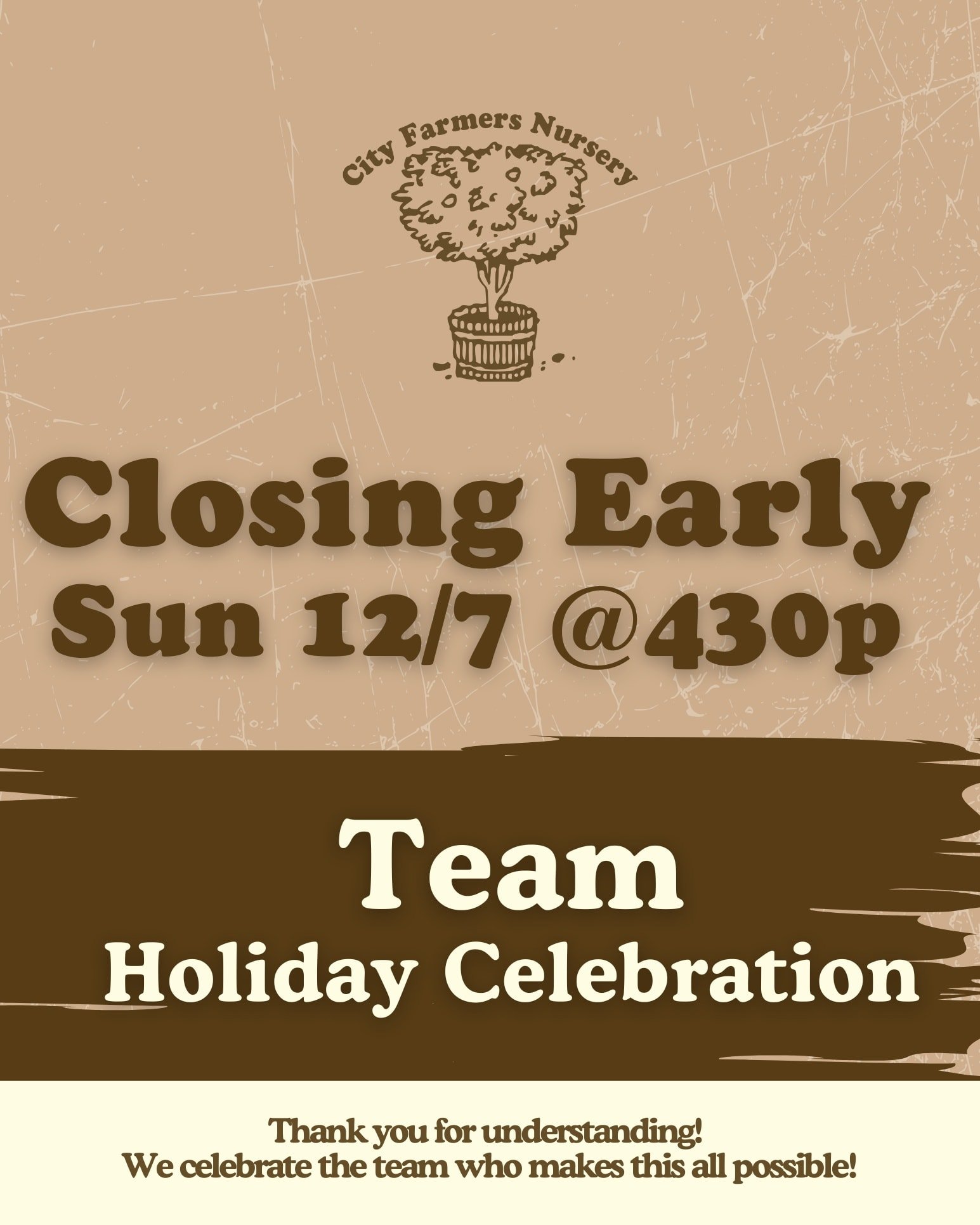 🎉 Team Celebration Alert! 🌻 

We&rsquo;ll be closing a little early this Sunday at 4:30p so our amazing crew can kick off the holiday season together! 🎄✨ 

Thanks for understanding and for always supporting our City Farmers family. We&rsquo;ll be 