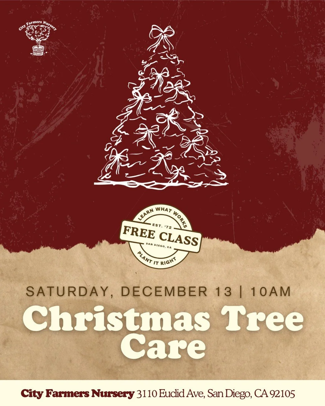 Want your Christmas tree to stay fresh and fragrant all month long? 🎄

Join us Saturday 12/13 at 10am for a quick class on keeping your tree happy through the holidays. We'll cover the stuff that actually matters - not just &quot;add water daily&quo