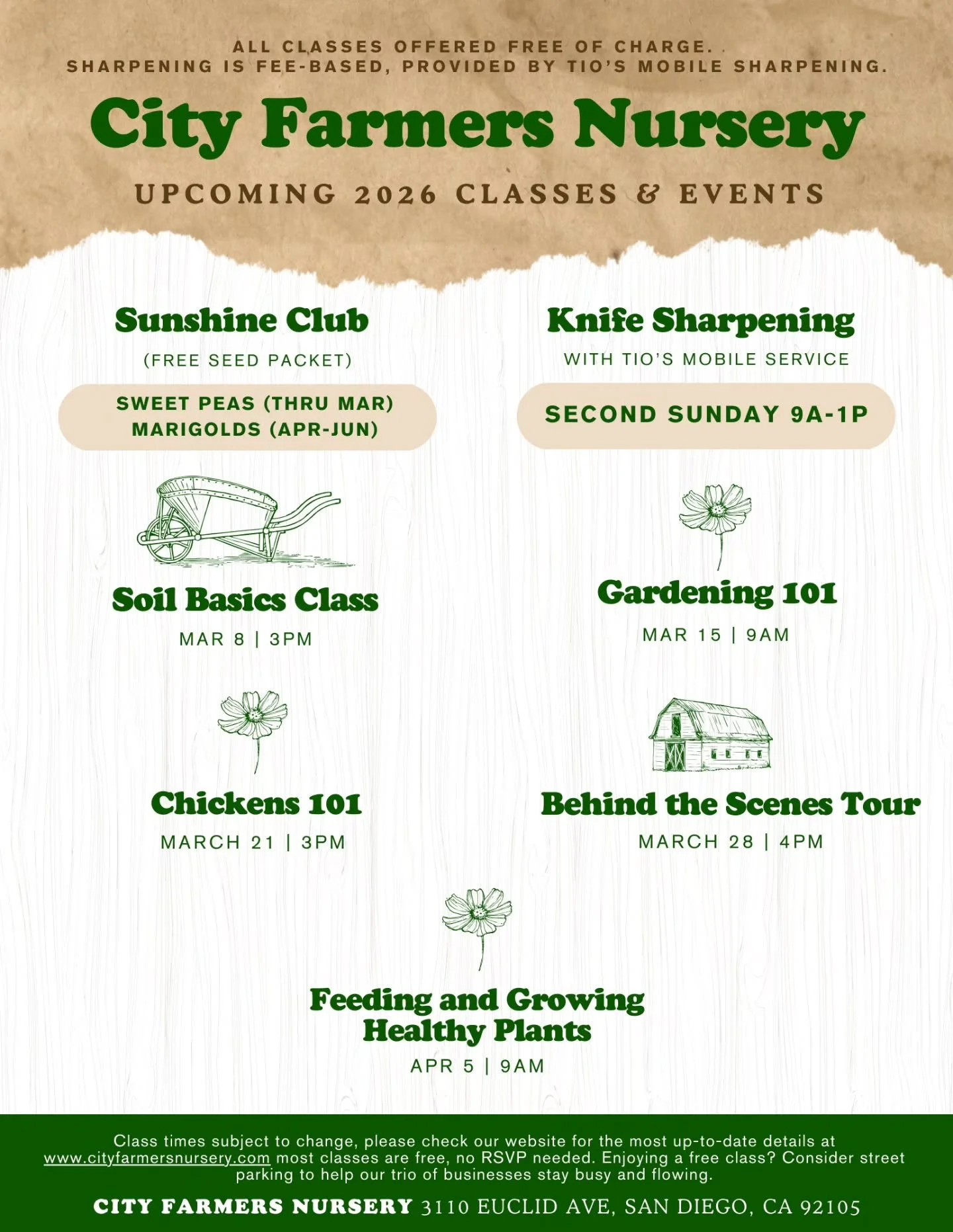 Today we have @tiomobileknife from 9-1 

And a free soil basics class with Sam

The rest of the month we've got fun ways to come down and enjoy our grounds, with an extra hour of evening strolls, Weds-Sun, as we close at 6 with extended spring hours 