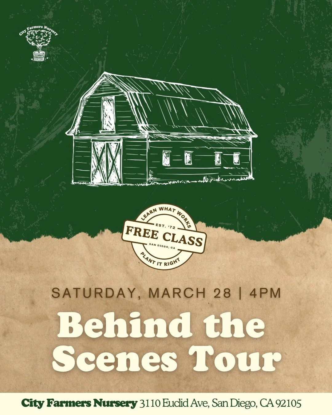 What does it actually take to keep a San Diego nursery thriving for over 50 years? 🌱

On March 28th, you get to find out.

Our Behind the Scenes Tour is a rare look at the heart of City Farmers &mdash; the people, the plants, and the practices that 
