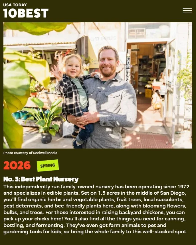 🌿🥉 We&rsquo;re feeling the love, San Diego! Thanks to YOU, City Farmers Nursery landed Top 3 for USA Today's 10Best Plant Nurseries for 2026! 🌻

After taking 1st place in 2025, we&rsquo;re so proud to hold strong in the top three this year. As a s