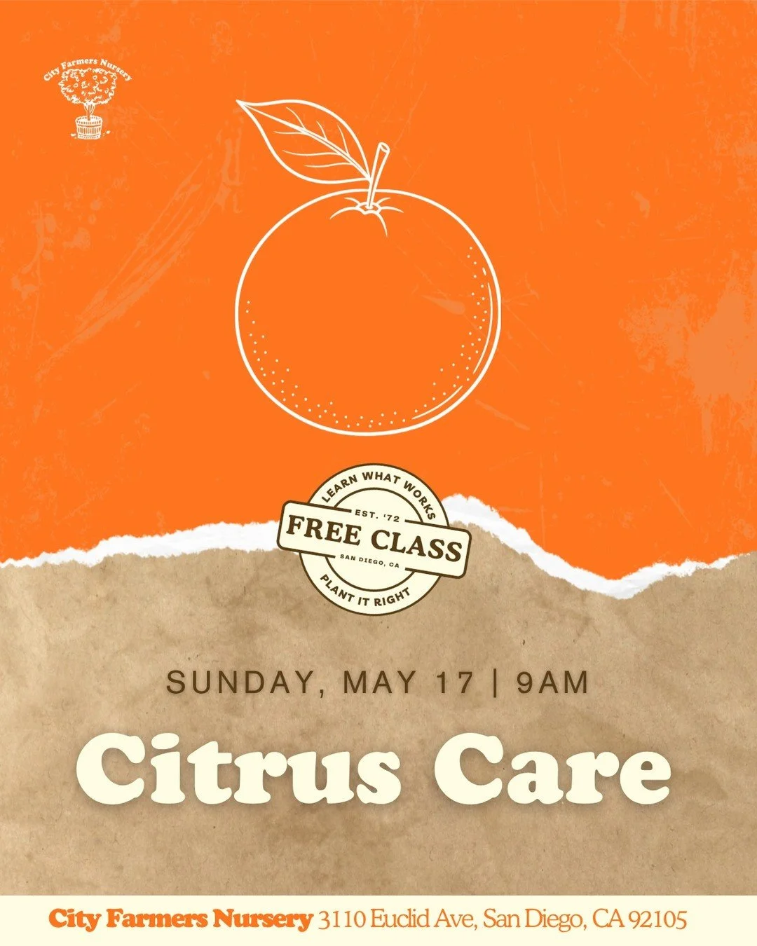 In our beautiful climate citrus trees abound, and learning care tips can ensure harvests are sweeter and trees remain healthy 🍋

Learn along with us at our free Citrus Care Class on Sunday May 17th at 9am. 

No cost to join - we'd love to see you in