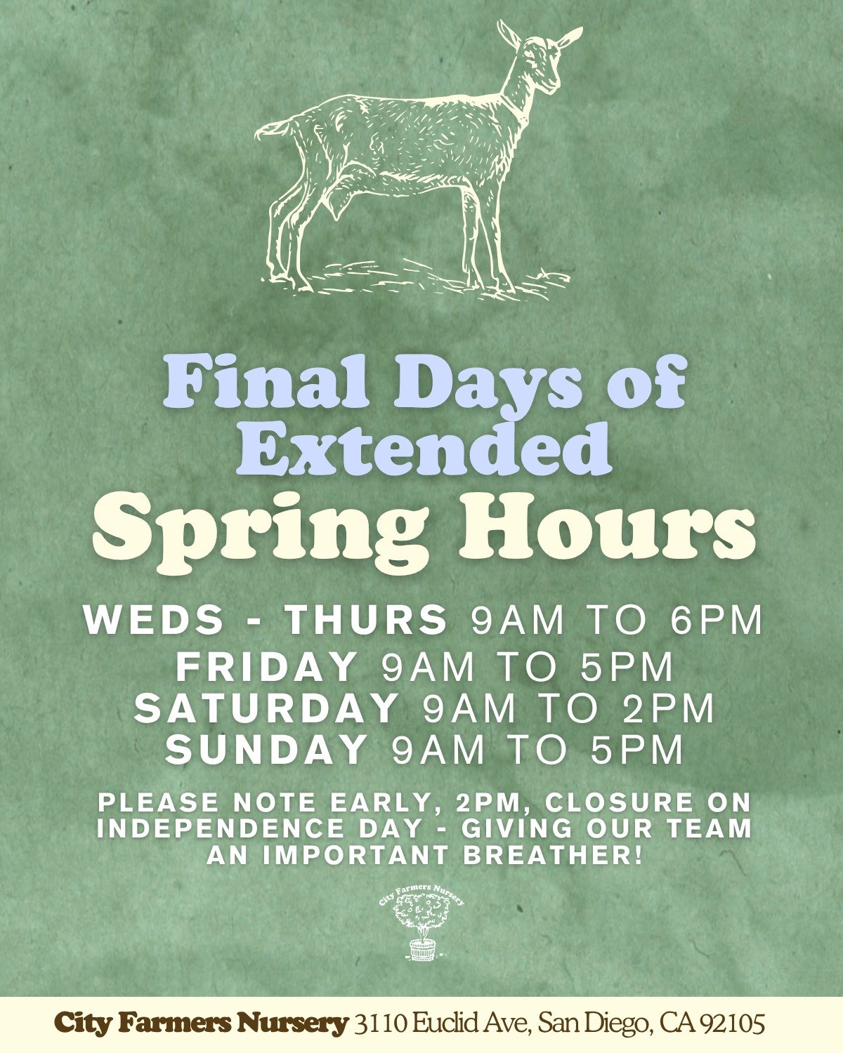 Come enjoy that sweet 6p close this Wednesday and Thursday.
Friday we're back with a 5p close.
Anddddd Saturday 4th of July, we're closing early, at 2p, giving our team time with their loved ones.