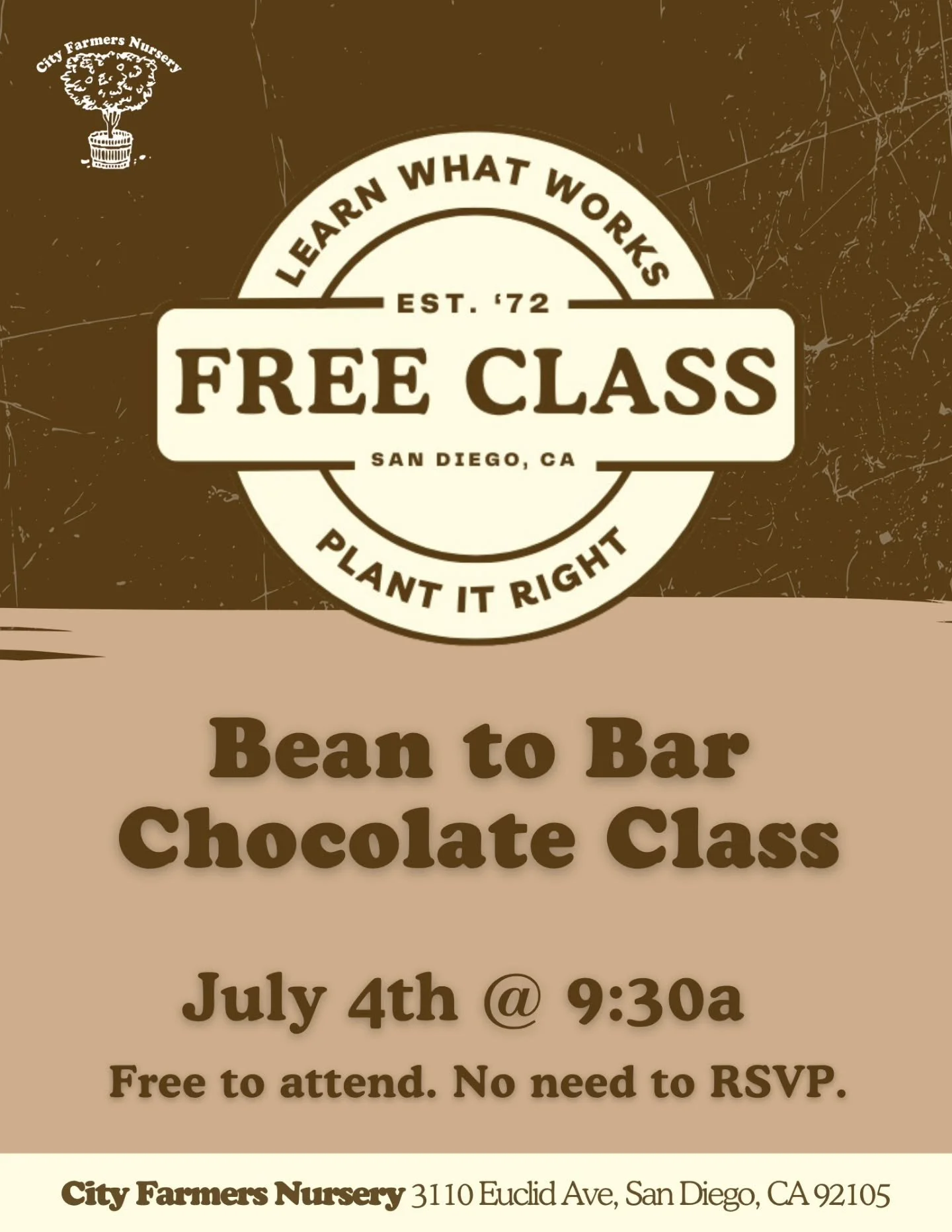 Bean to Bar Chocolate Class 🫘🍫
Saturday, July 4, 2026 @ 9:30 AM&nbsp;
Bean to Bar Chocolate Class with  @sandiegochocolate

Ever wonder how a tropical fruit becomes your favorite treat? Join us as we journey through the fascinating world of chocola