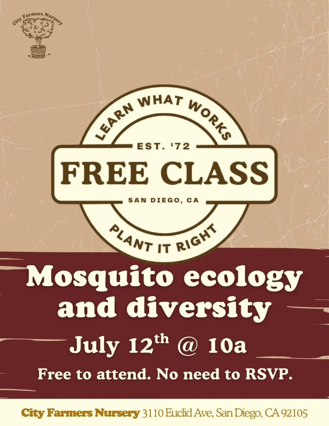 Mosquito ecology and diversity in San Diego
Sunday, 7/12 at 10a

Join local researcher Natalie Castillo as she returns to explore mosquito ecology.

There are about 3,500 species of described mosquitoes worldwide but only some species are responsible