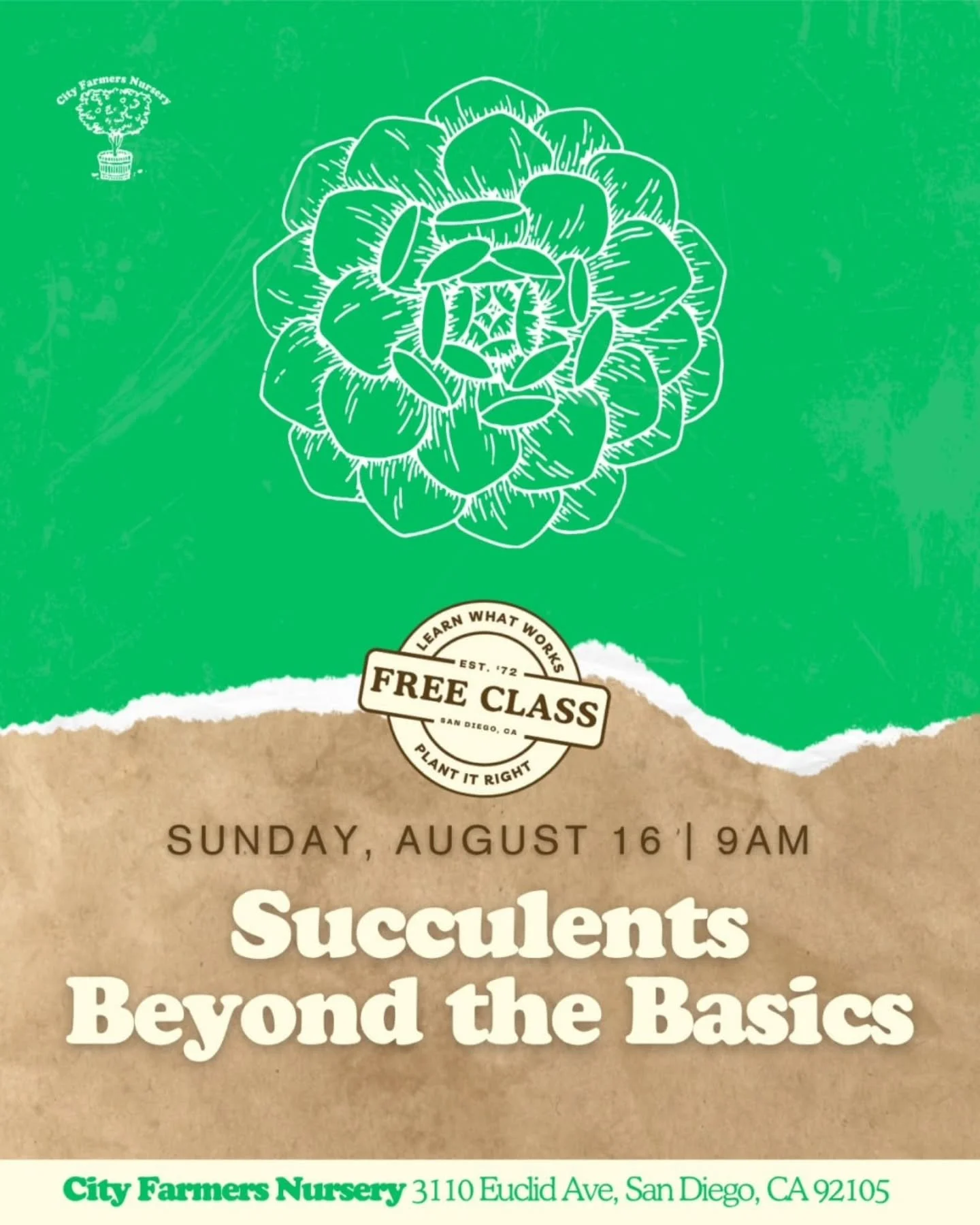 Succulents Beyond the Basics
Sunday, August 16th at 9a

🌵 Whether you're thinking about cacti, aloe, or reviving succulents that are looking neglected, let's move beyond the basic pot-and-rock look. Succulents can do much more than sit in a decorati