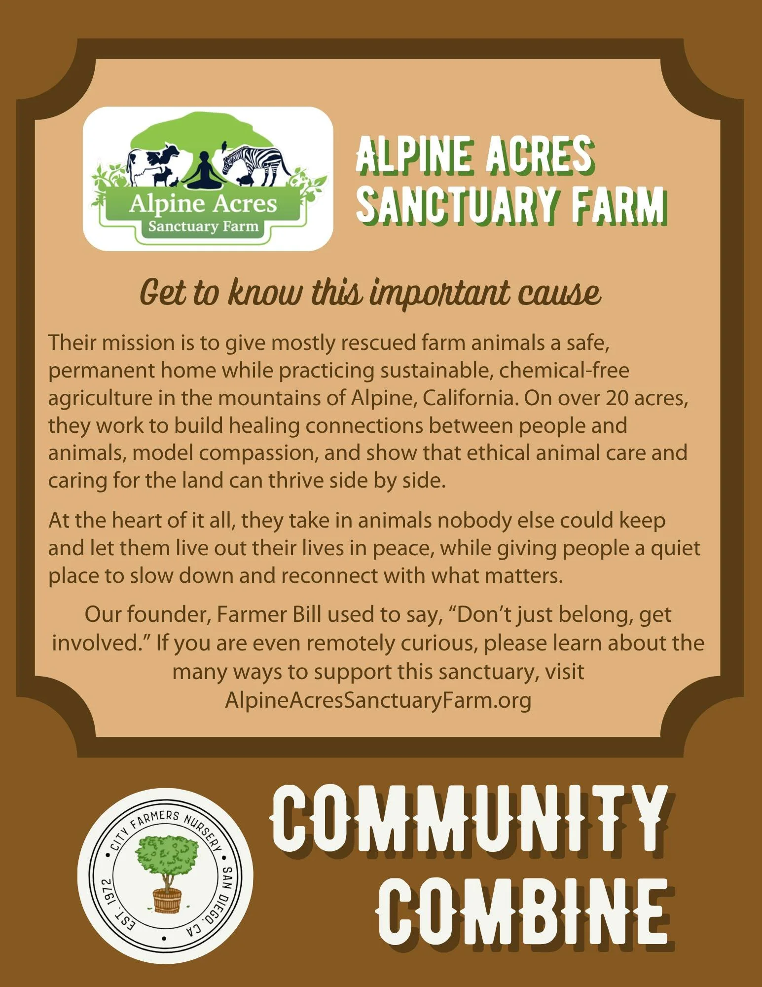 🤝 One shed, two causes.

This Community Combine is a dual-collection, which means your donations help support both Alpine Acres Sanctuary Farm and Friends of Humane Services of Tijuana at the same time.

Everything drops in the same place, our Commu