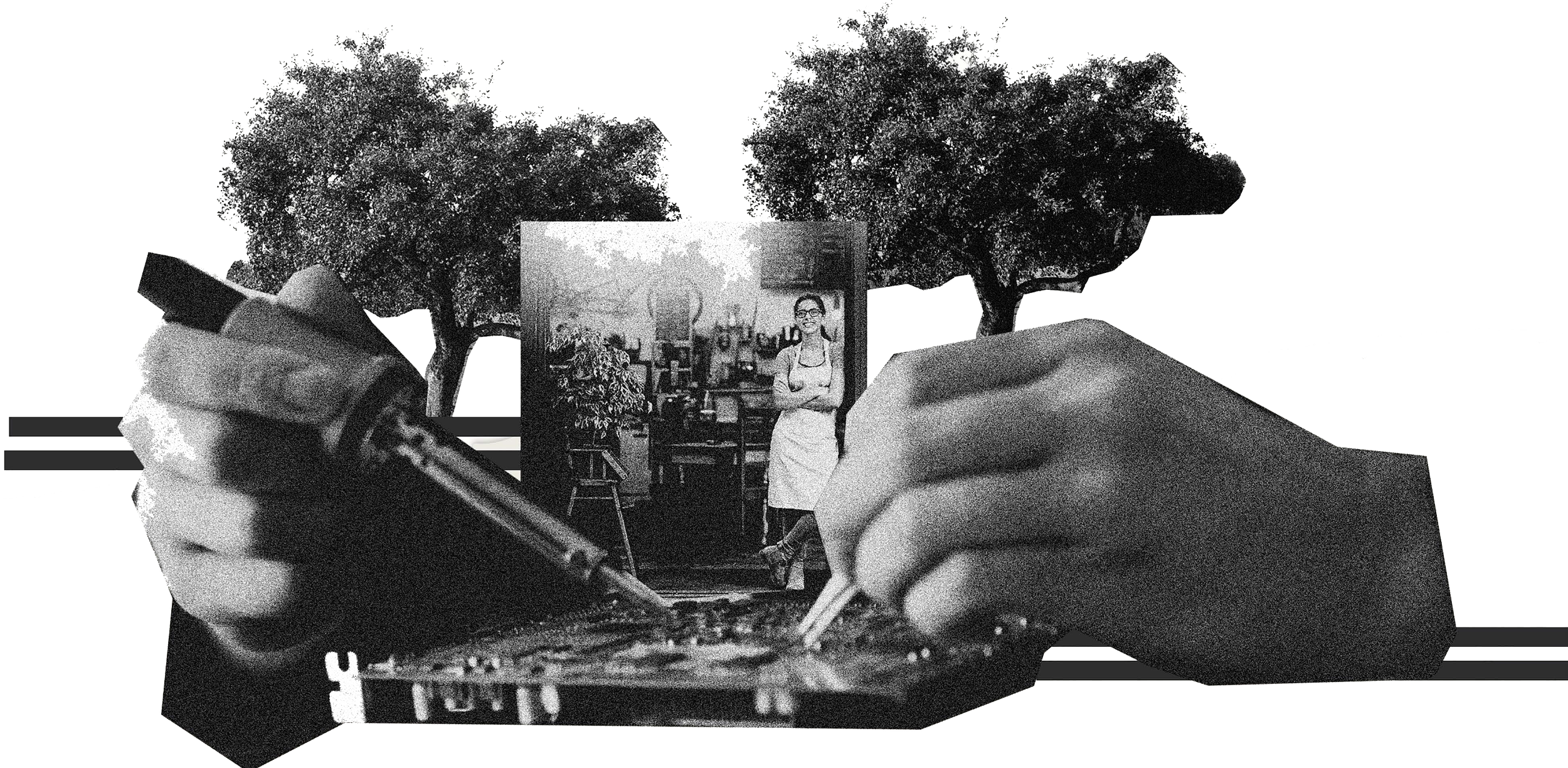 A collage with a person holding a marker and working on a creative project, a woman standing in a café, and outdoor trees, blending multiple images in a layered, artistic composition.