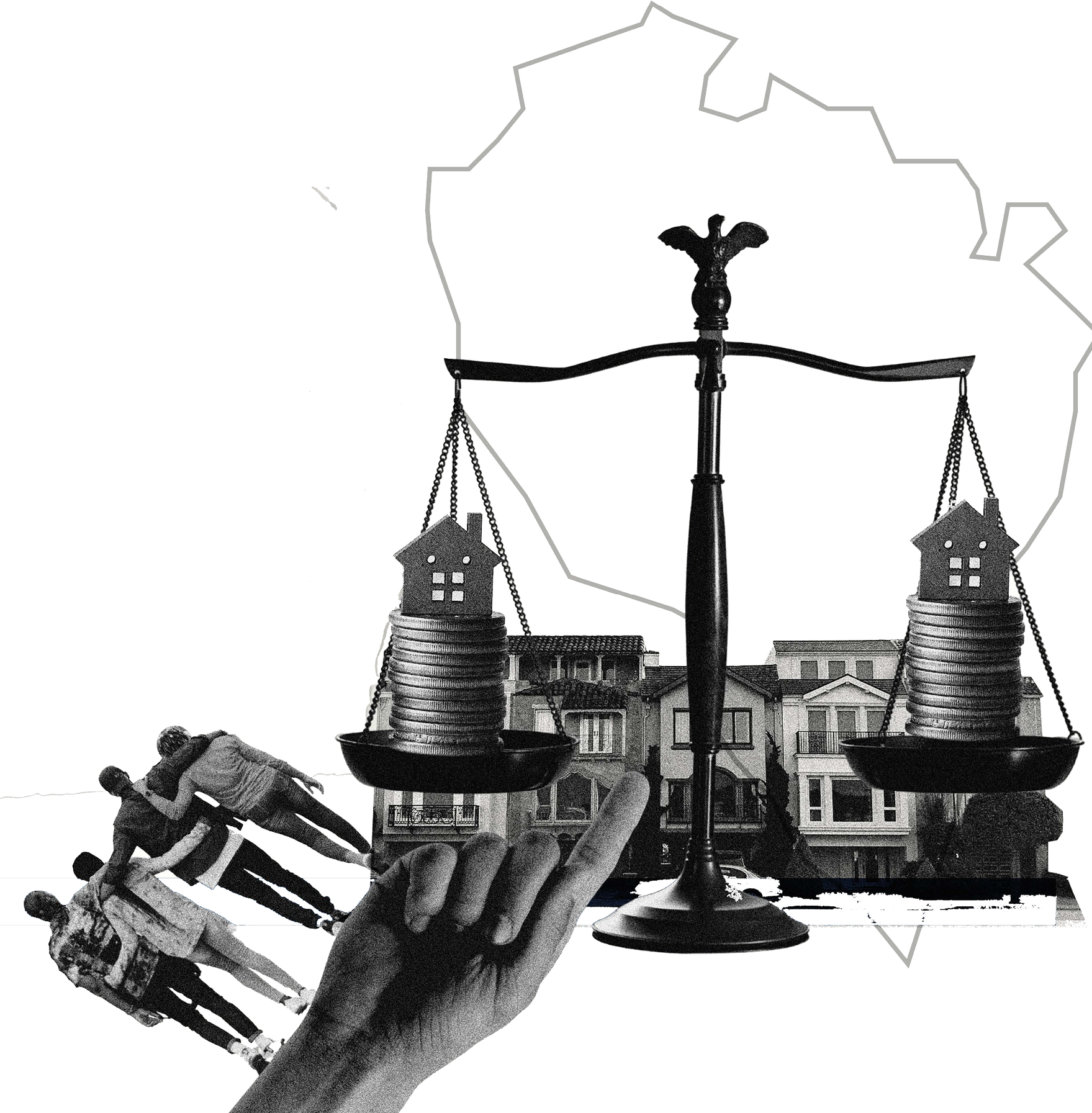A black-and-white collage featuring a scale with house-shaped coins and miniature houses, a pointing hand, and a small family of three walking together, symbolizing real estate, justice, and social issues.